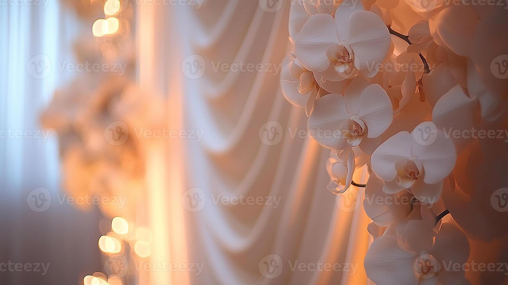 Romantic Floral Arrangement Featuring White Orchids Against a Flowing Ivory Fabric Background with Warm Ambient Lighting photo
