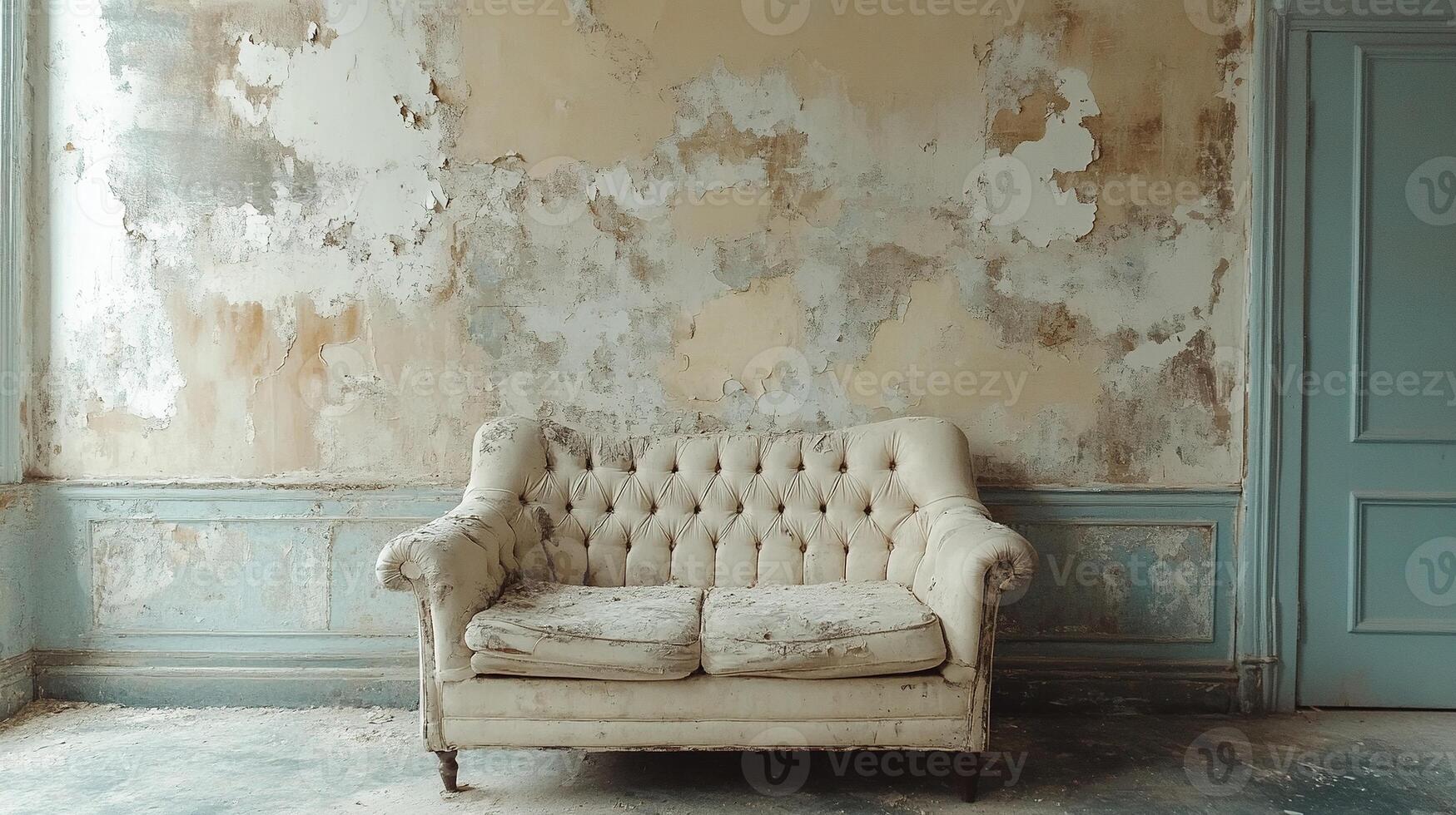Distressed Antique Couch in Front of Crumbling Wall with Flaky Paint and Pastel Wooden Panels in Rustic Abandoned Room photo