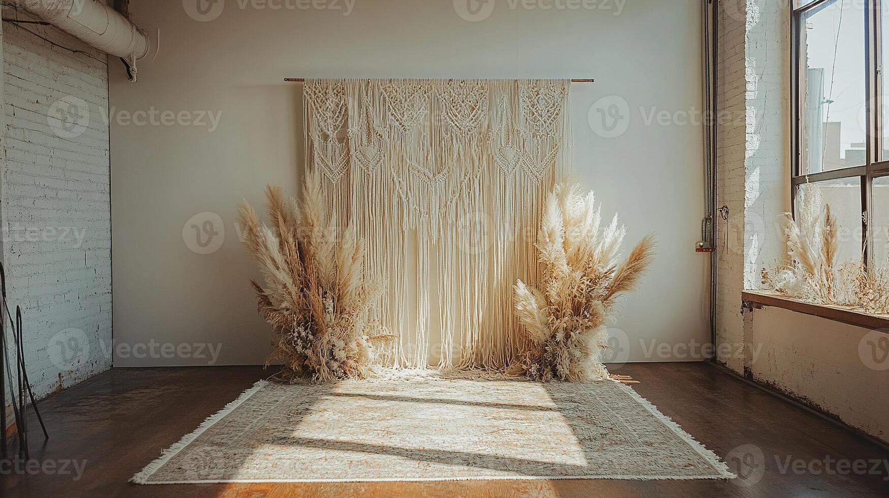 Photo Booth Background with Large-Scale Woven Macrame Wall Art, Symmetrical Dried Pampas Grass Displays, and Decorative Floor Covering in Bright Minimalist Interior with Industrial Elements
