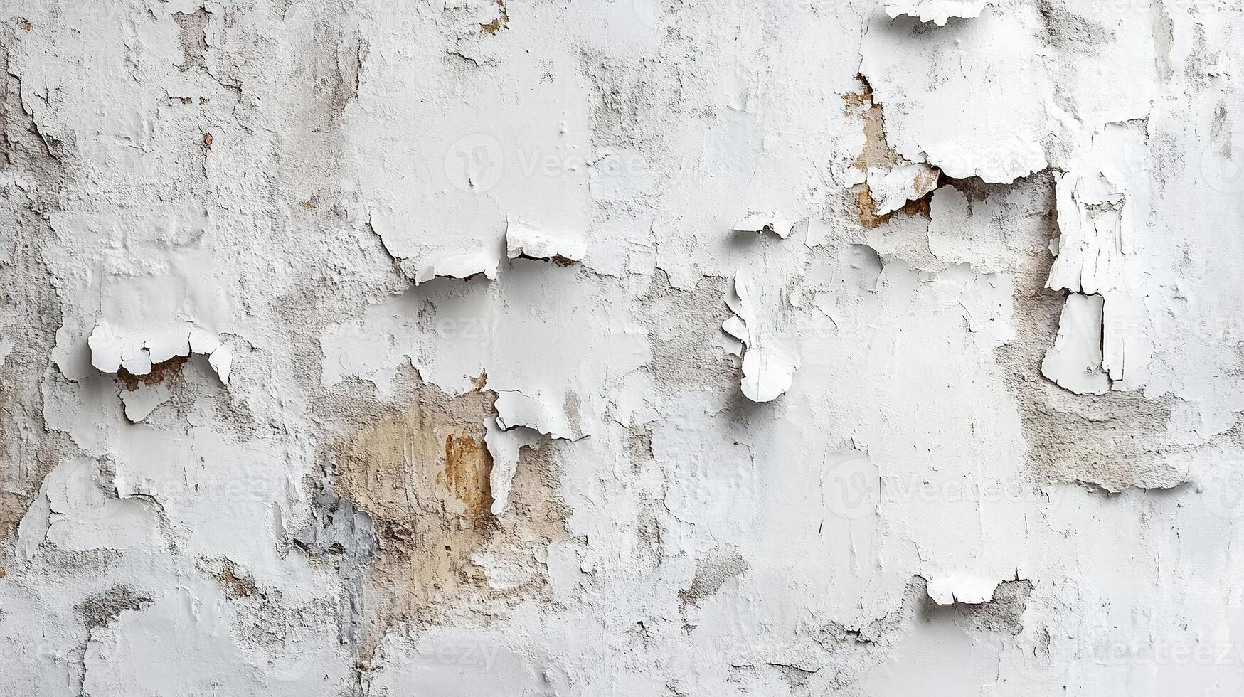 Deteriorating White Plaster Wall with Flaking Paint and Exposed Underlying Surfaces. Abstract Minimalist Texture Background photo