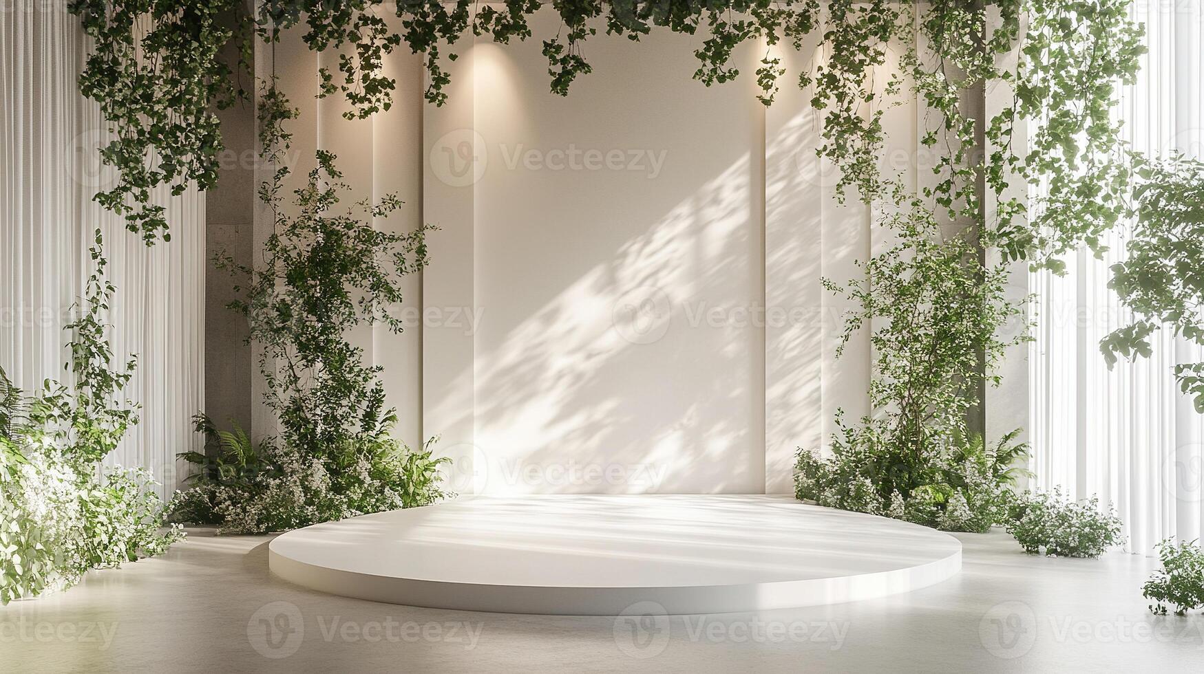 Elegant Circular White Platform Stage with Natural Hanging Greenery, Dappled Sunlight Shadows and Minimalist Cream Wall Backdrop photo