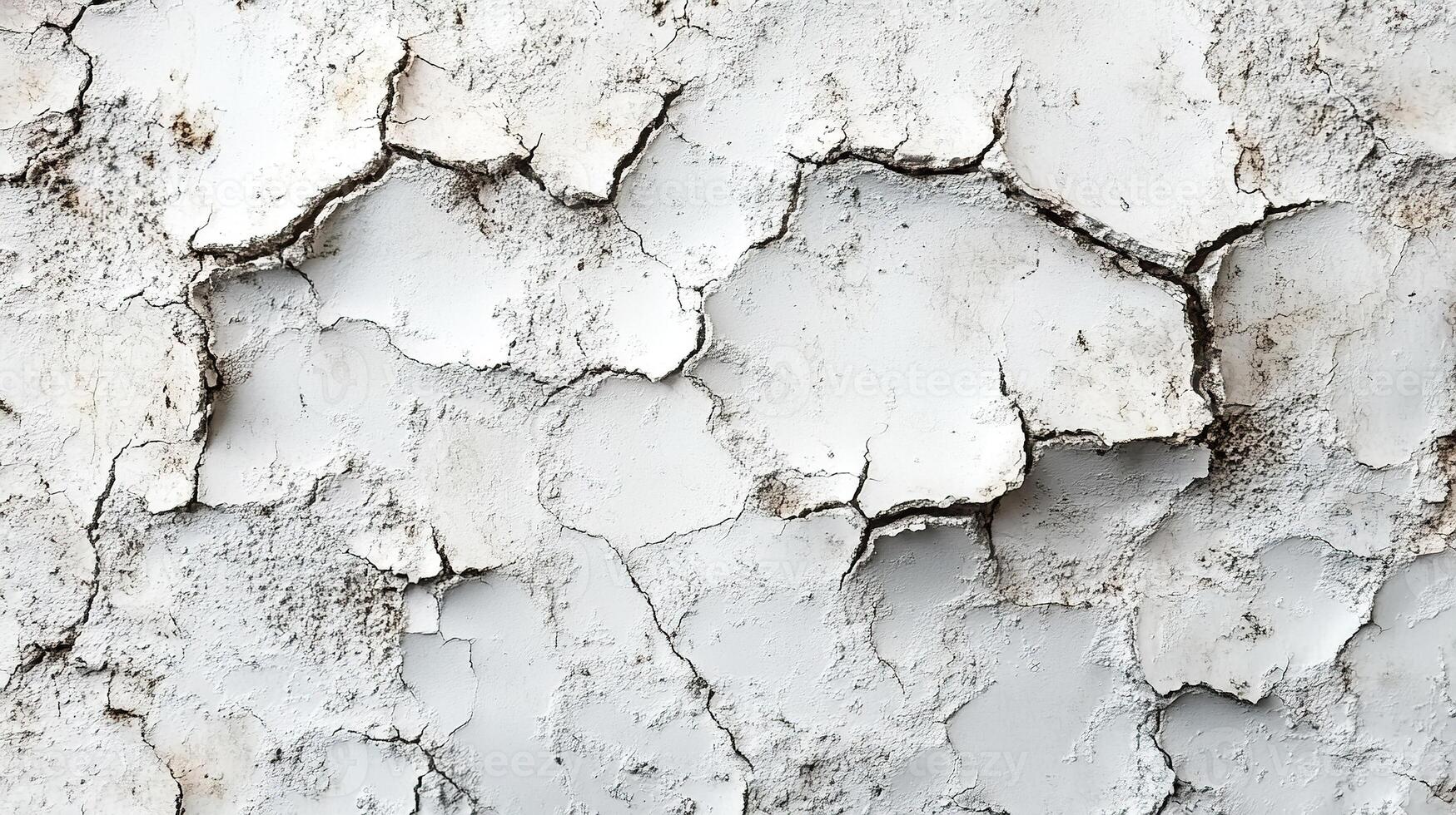 Severely Cracked White Plaster Wall Surface with Flaking Paint and Deep Fissures Creating Natural Abstract Texture Pattern photo