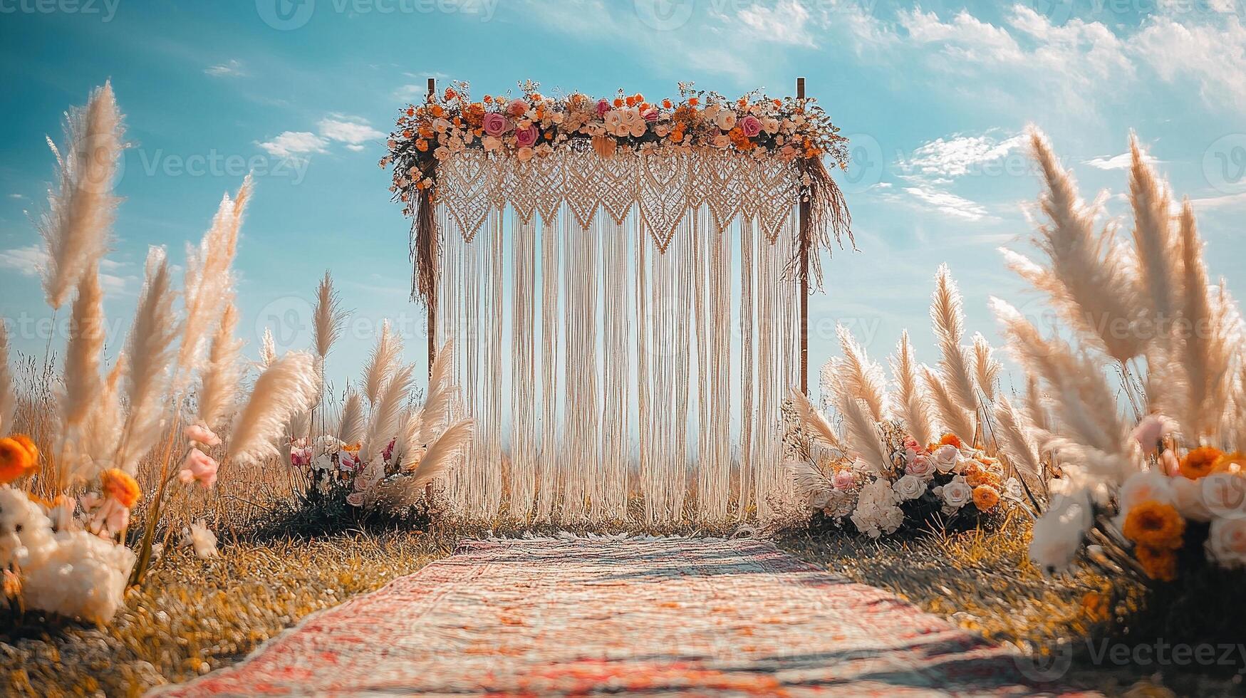 Romantic Open-Air Wedding Decoration with Artistic Macrame Hanging, Fresh Flower Garland in Warm Tones, Colorful Textile Runner, and Natural Dried Grasses Under Clear Blue Sky at Golden Hour photo