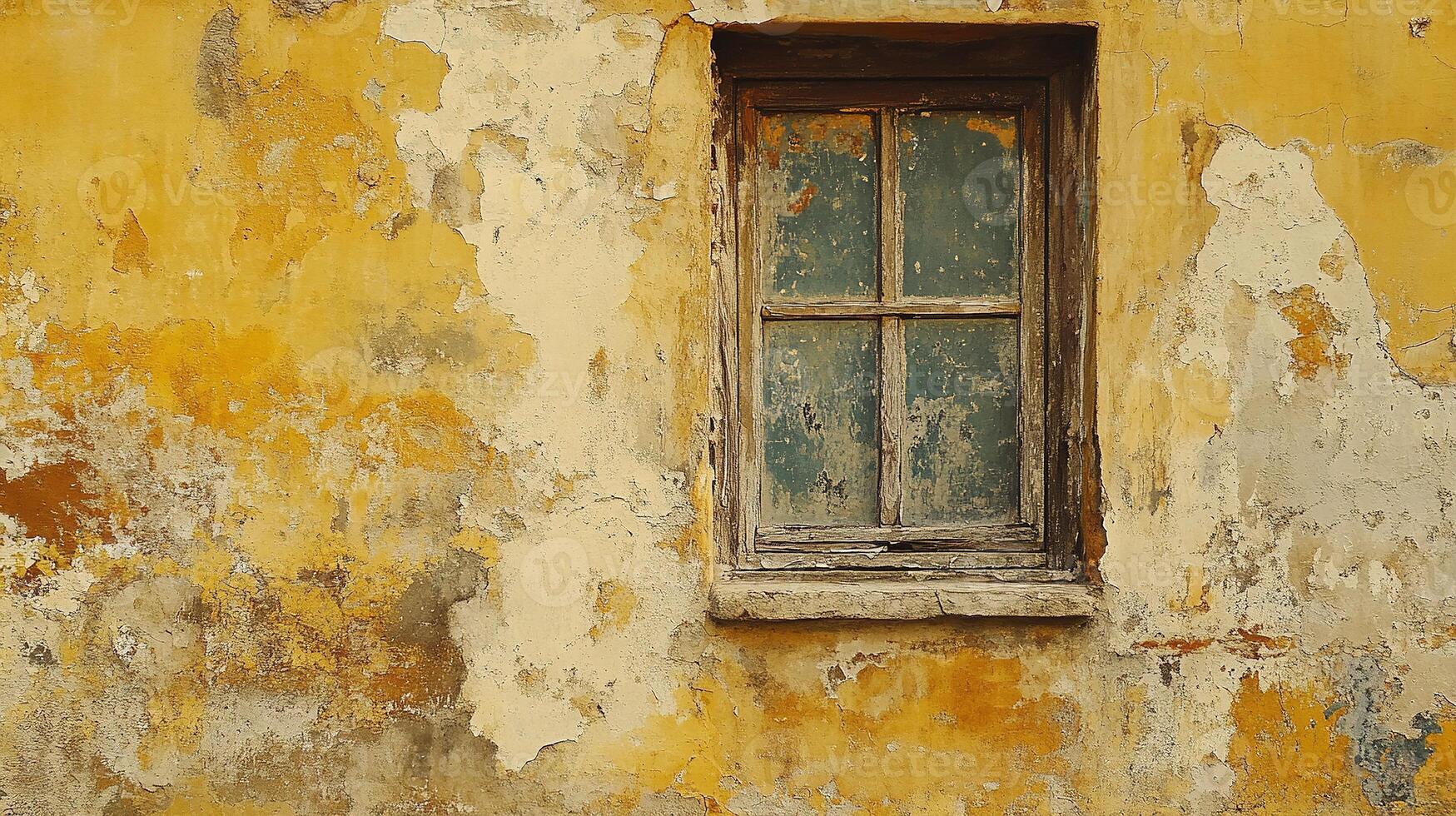 Weathered Wooden Window in Distressed Yellow Ochre Wall with Peeling Paint and Historical Architectural Character photo