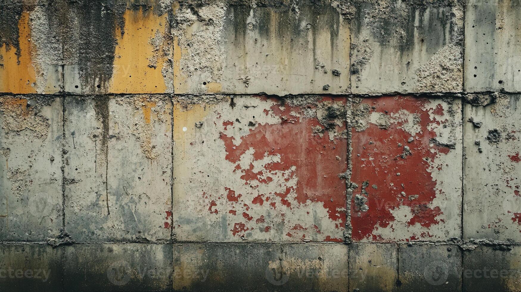 Weathered Gray Concrete Surface with Striking Red Paint Mark and Oxidized Metal Stains Showcasing Natural Deterioration in Industrial Architecture photo