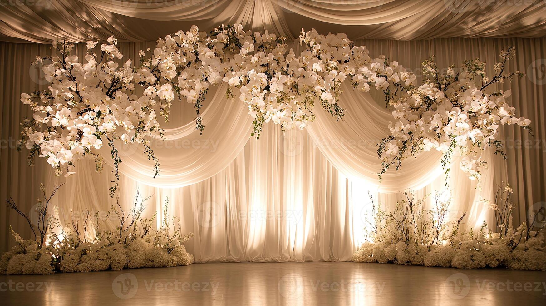 Stunning Ceremony Backdrop Featuring Cascading White Orchids, Draped Ivory Curtains, and Ambient Warm Lighting photo