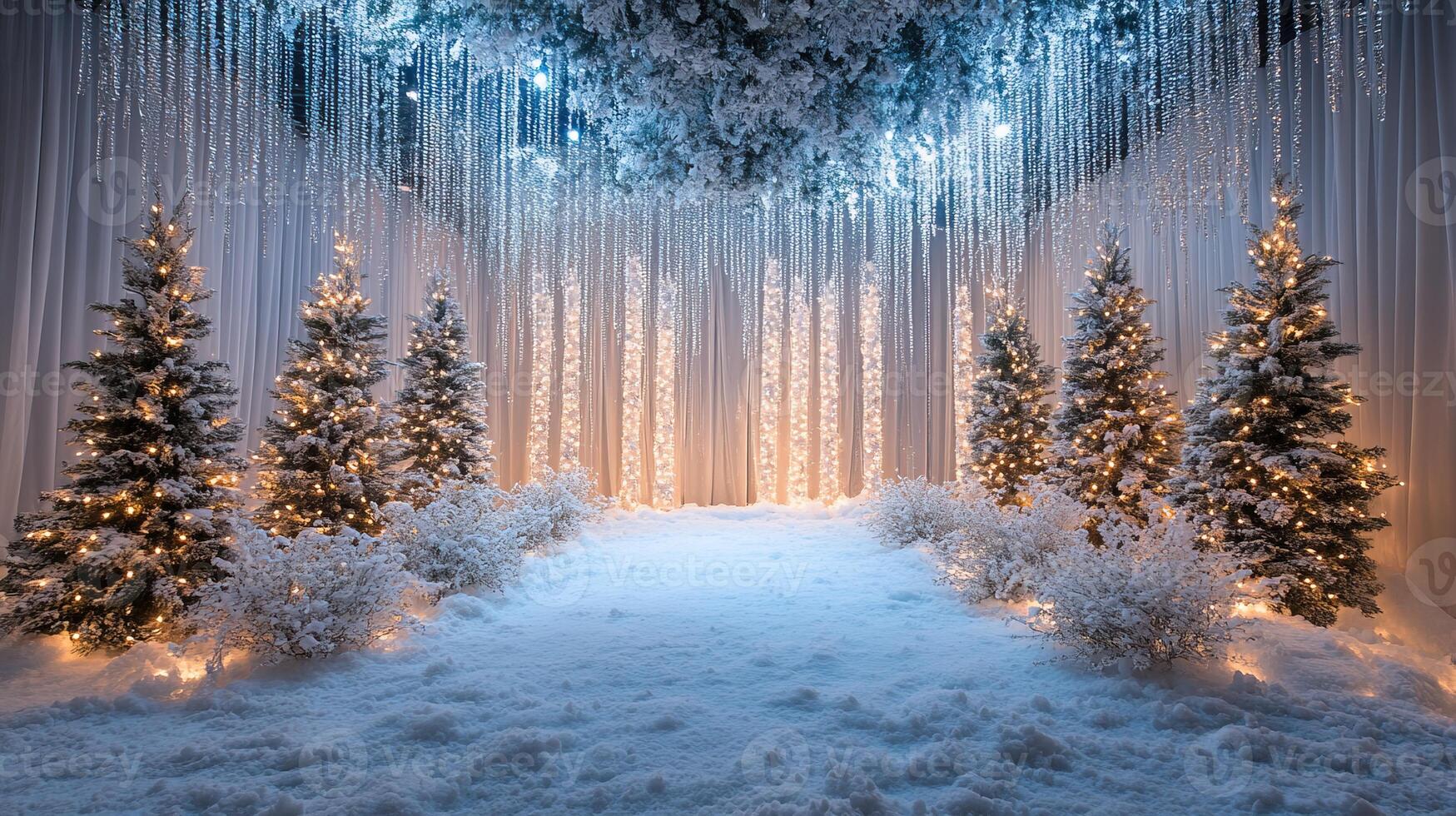 Romantic Winter Wedding Aisle Illuminated with Warm Fairy Lights and Lanterns under Snow-Covered Trees photo