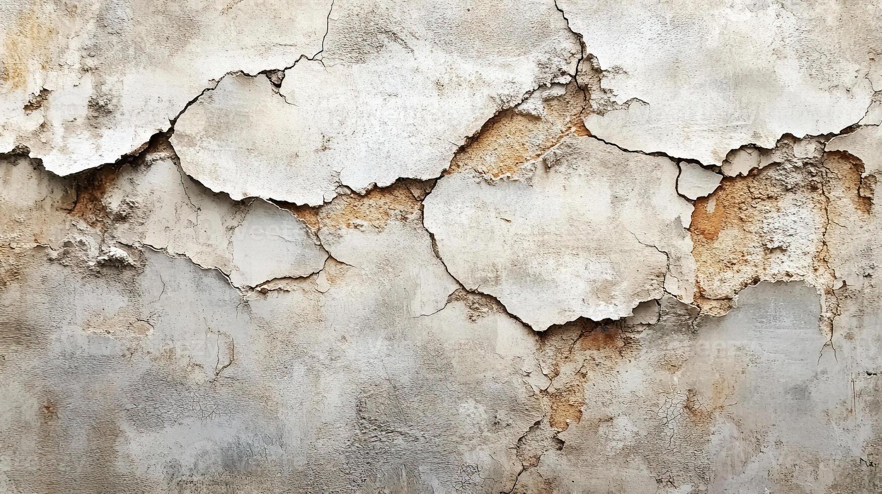 Eroded Grunge Wall Surface with Orange Rust Stains and Peeling Plaster. Abstract Textured Architecture Background photo