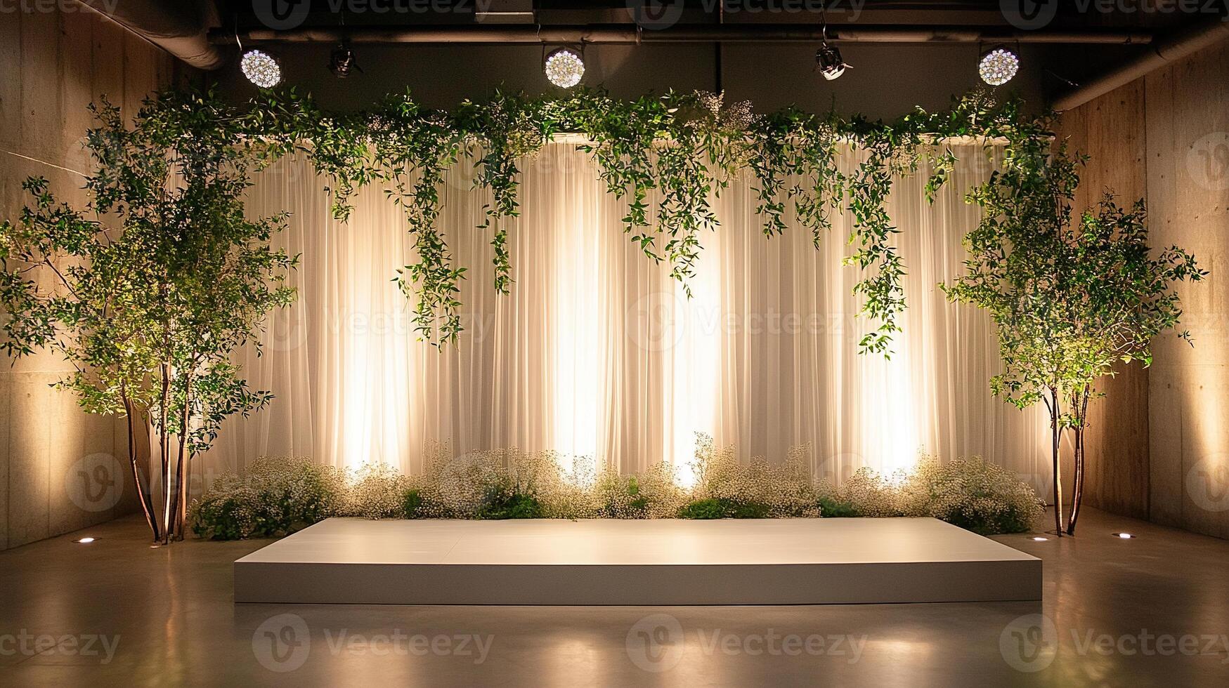 Contemporary Wedding Ceremony Stage with Minimalist White Platform, Illuminated Sheer Draping, Suspended Greenery and Baby's Breath Florals photo