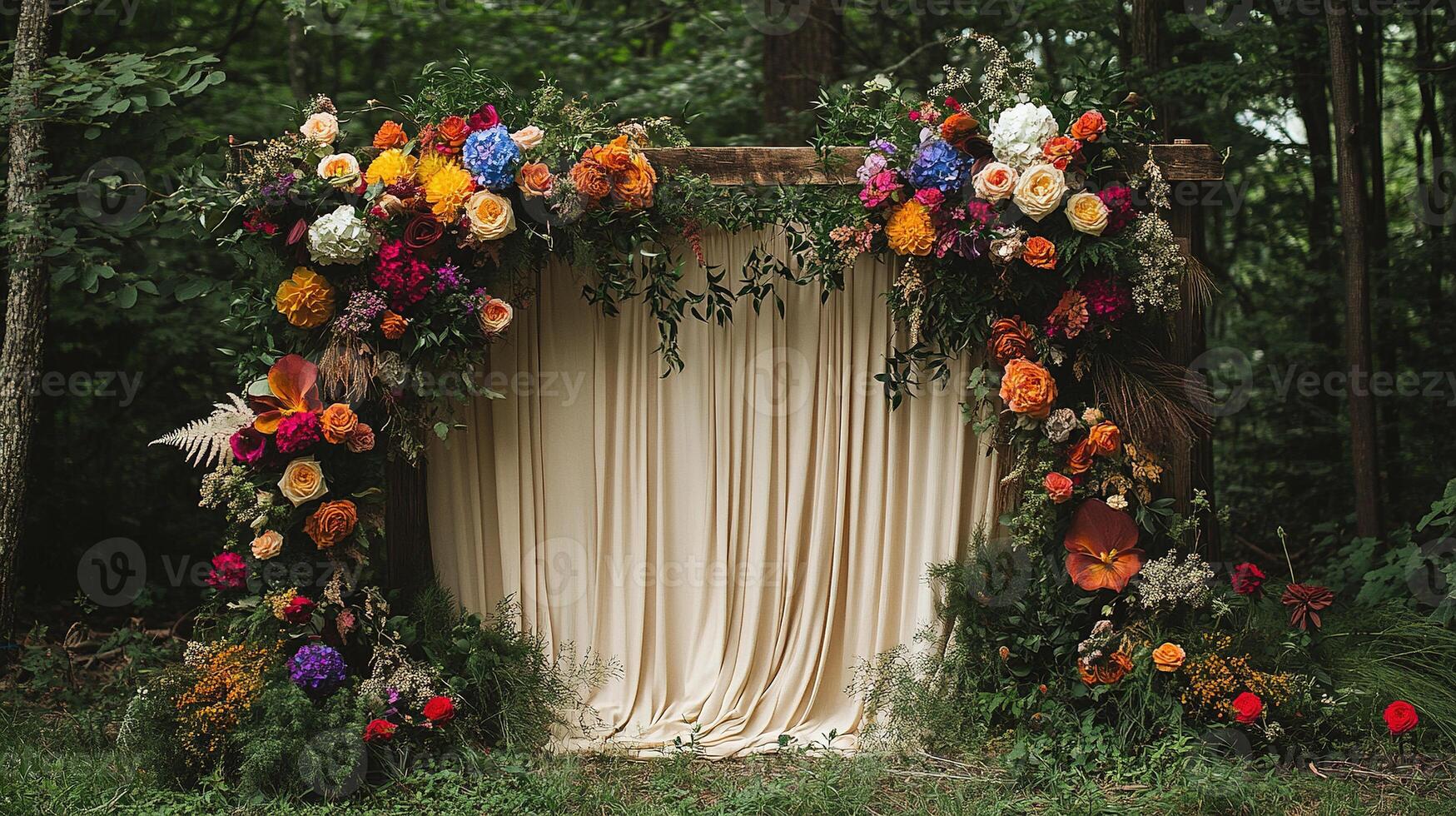 Luxurious Forest Wedding Ceremony Backdrop with Wooden Arch, Cream Drapery, and Vibrant Wildflower Arrangement Featuring Multicolored Roses, Hydrangeas, and Seasonal Blooms photo