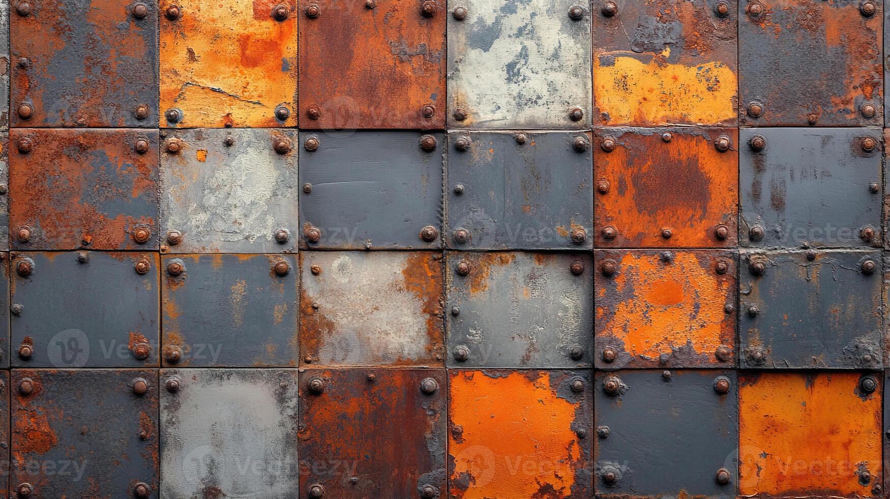 Seamless Industrial Grunge Background of Riveted Metal Plates with Rust, Scratches, and Peeling Paint Texture photo