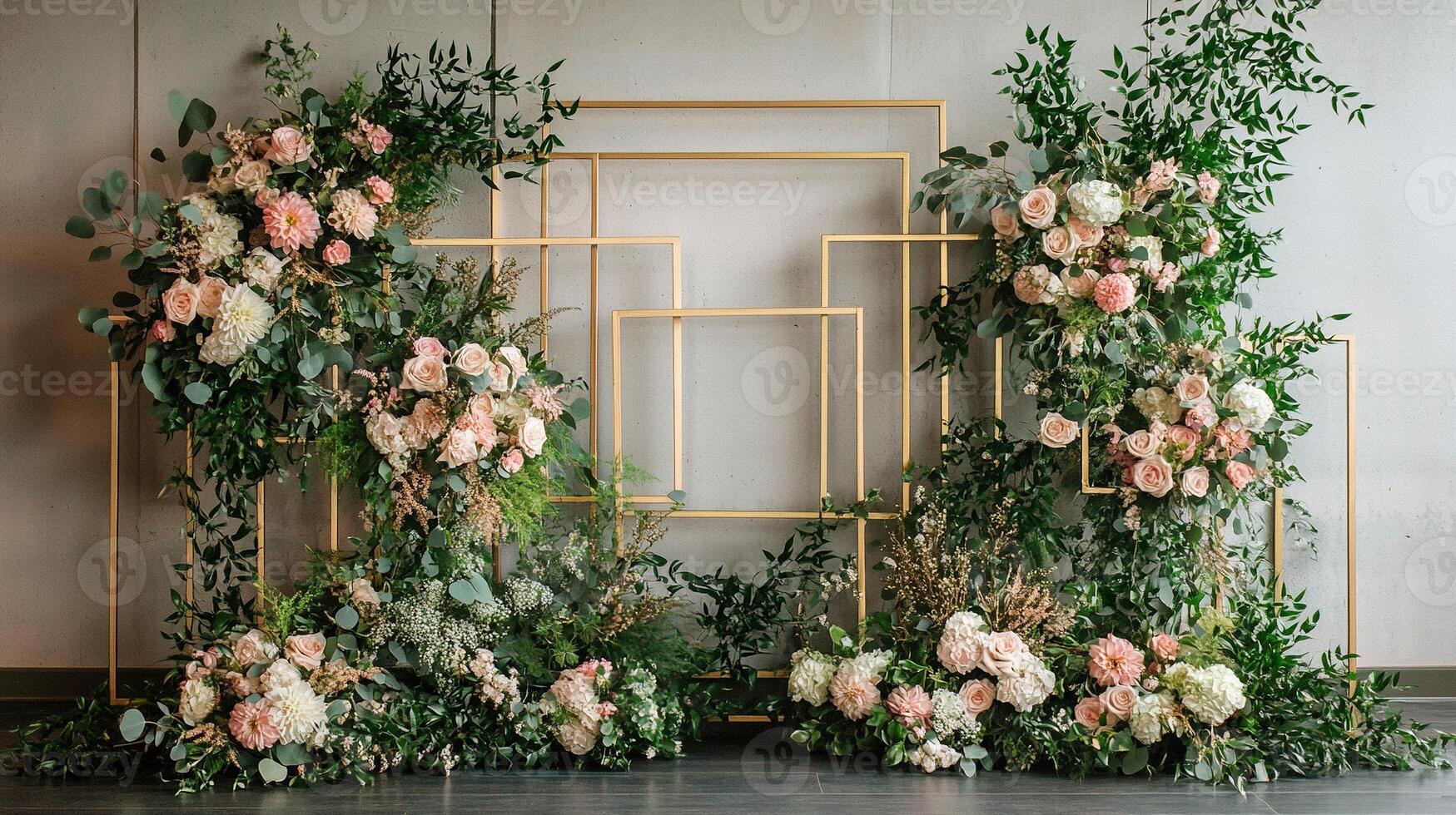 Elegant Geometric Wedding Backdrop with Lush Floral Arrangement Featuring Pink Roses and White Dahlias Against Modern Gold Frames photo