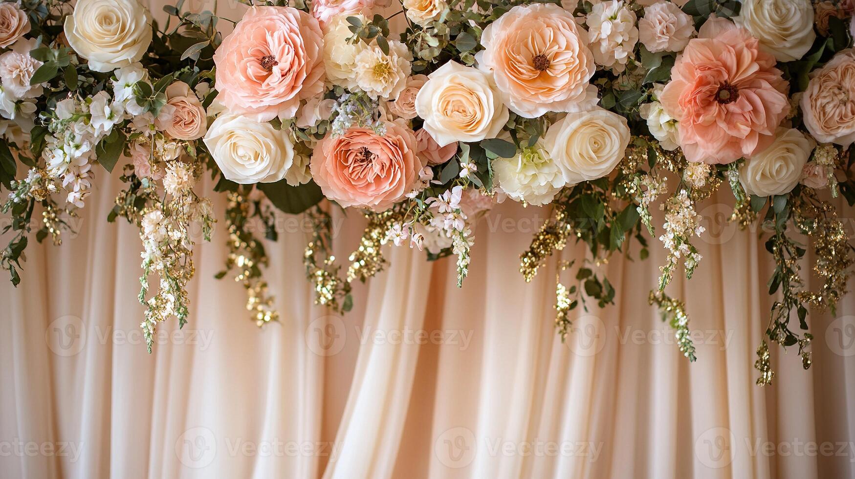 Close-Up of Elegant Wedding Floral Garland with Blush and Ivory Roses, Hanging Greenery, and Gold Accents Against Draped Fabric Backdrop photo