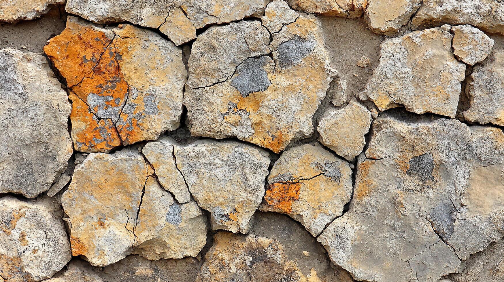Ancient Gray Stone Wall with Orange Rust Oxidation Patterns and Natural Cracks photo
