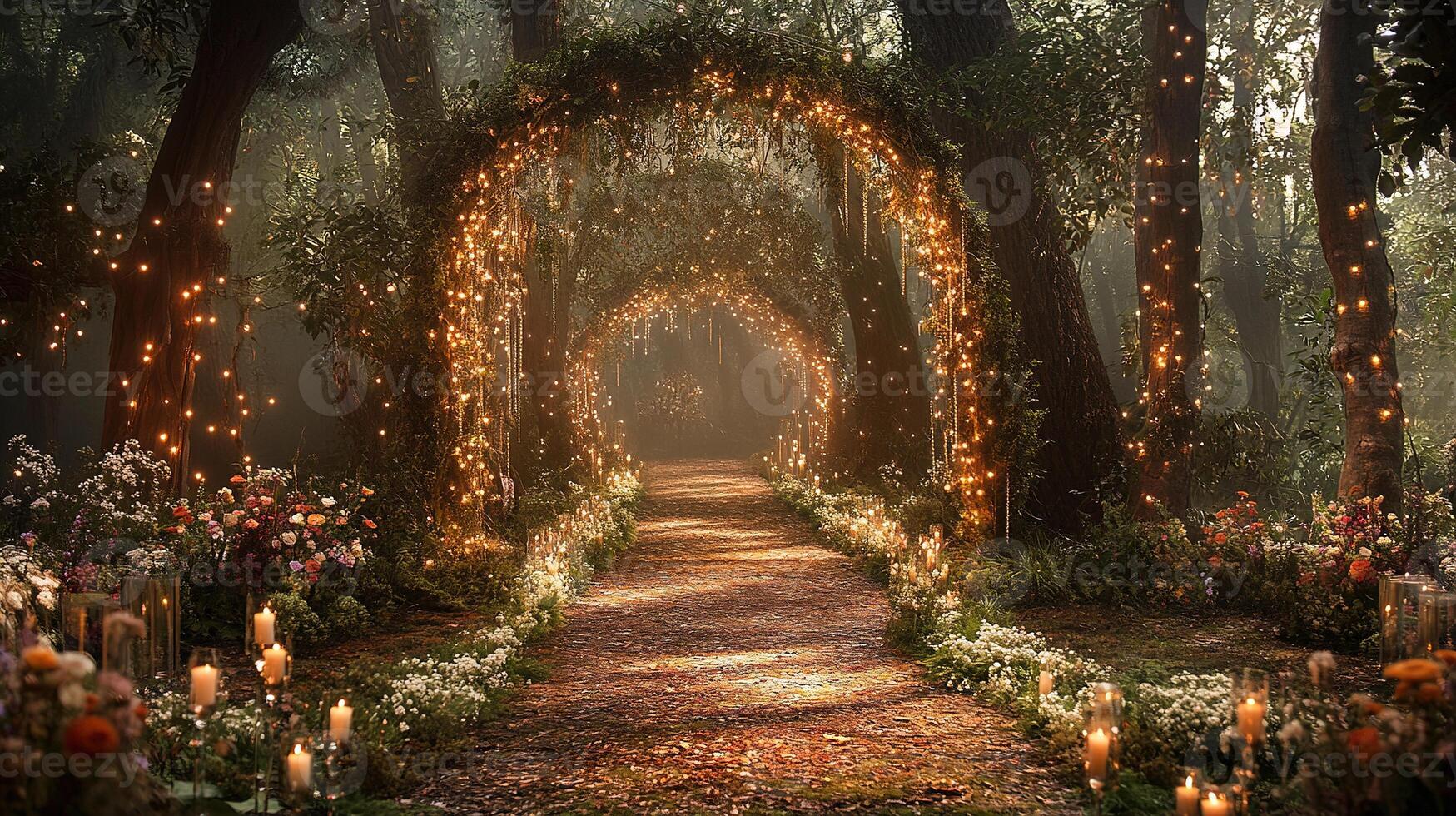 Dreamy Forest Wedding Venue with Light-Draped Tree Arches, Wildflower Decor, and a Rustic Trail Illuminated by Candles and Sparkling String Lights photo
