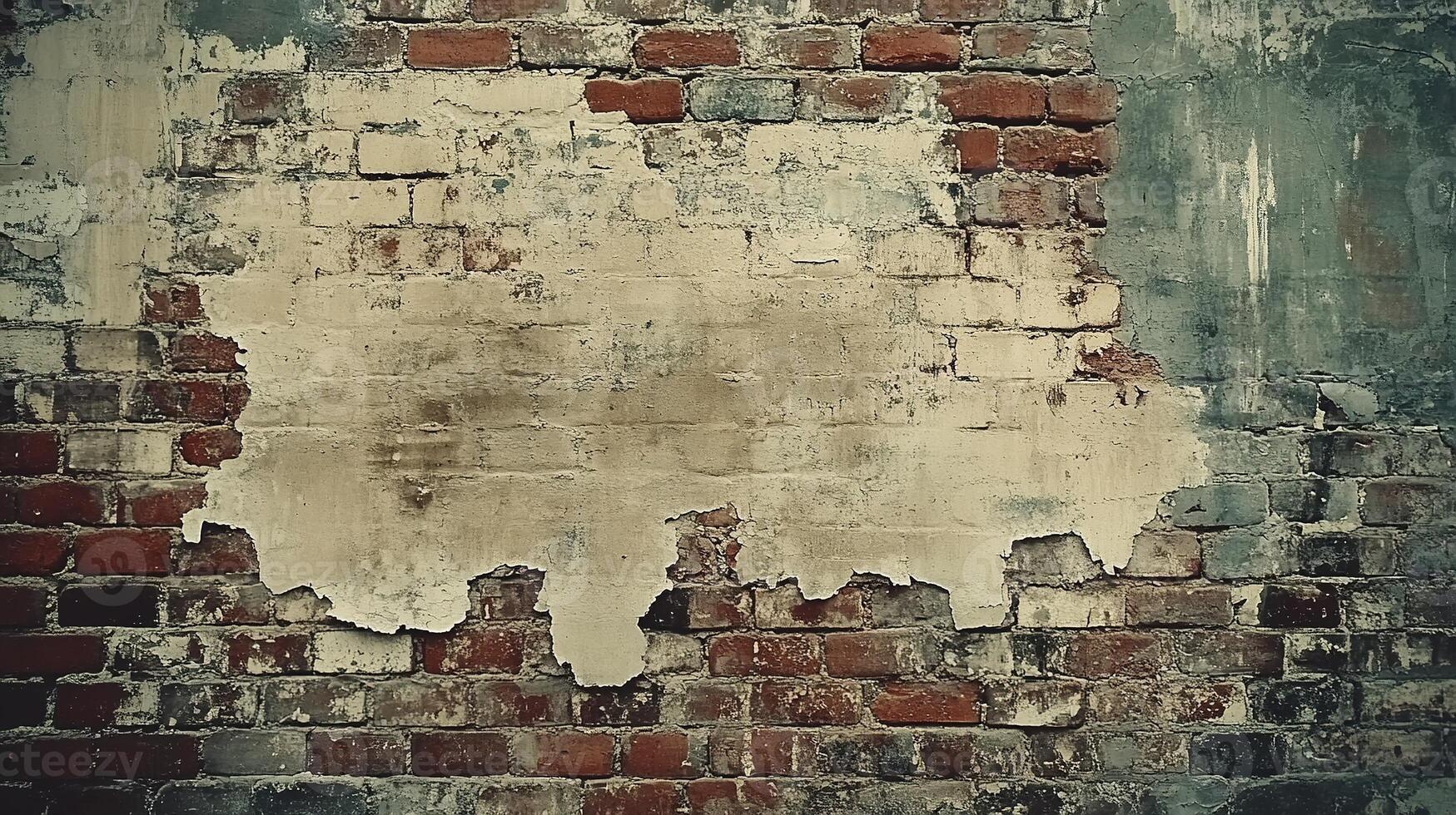 Distressed Urban Brick Wall with Peeling Plaster Revealing Historical Red Bricks Creating Textural Contrast for Industrial and Vintage Design Backgrounds photo