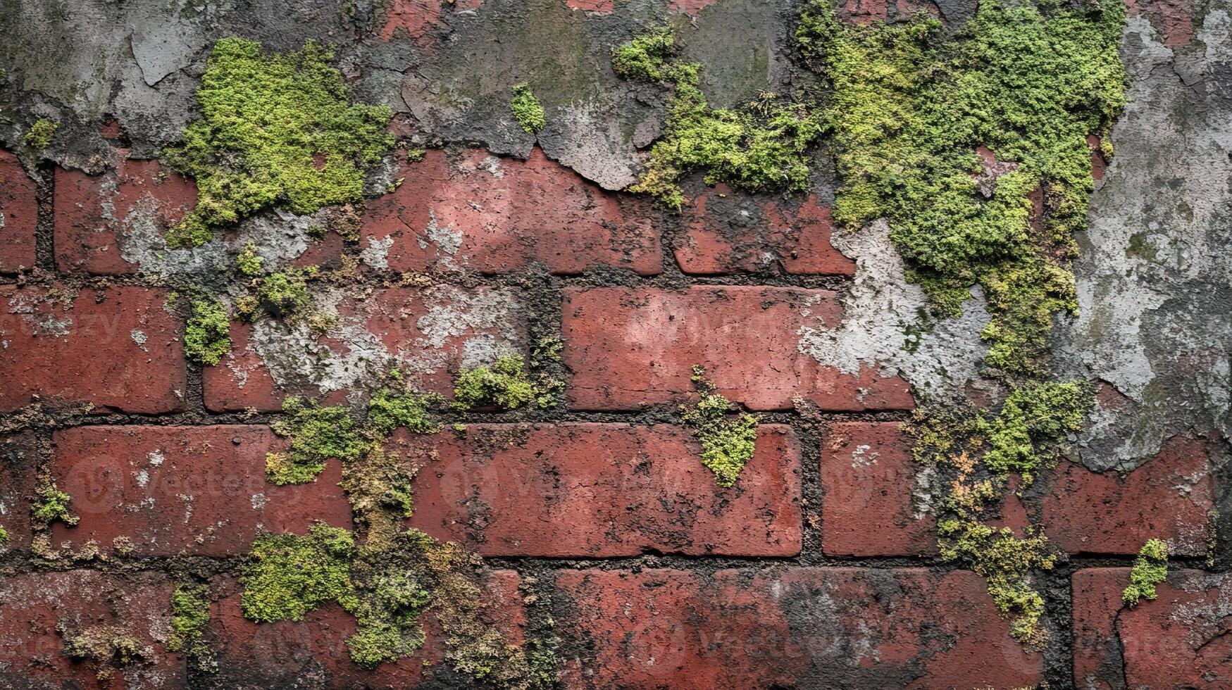 Weathered Red Brick Wall with Moss Growth and Peeling Plaster Texture in an Urban Decay Setting photo
