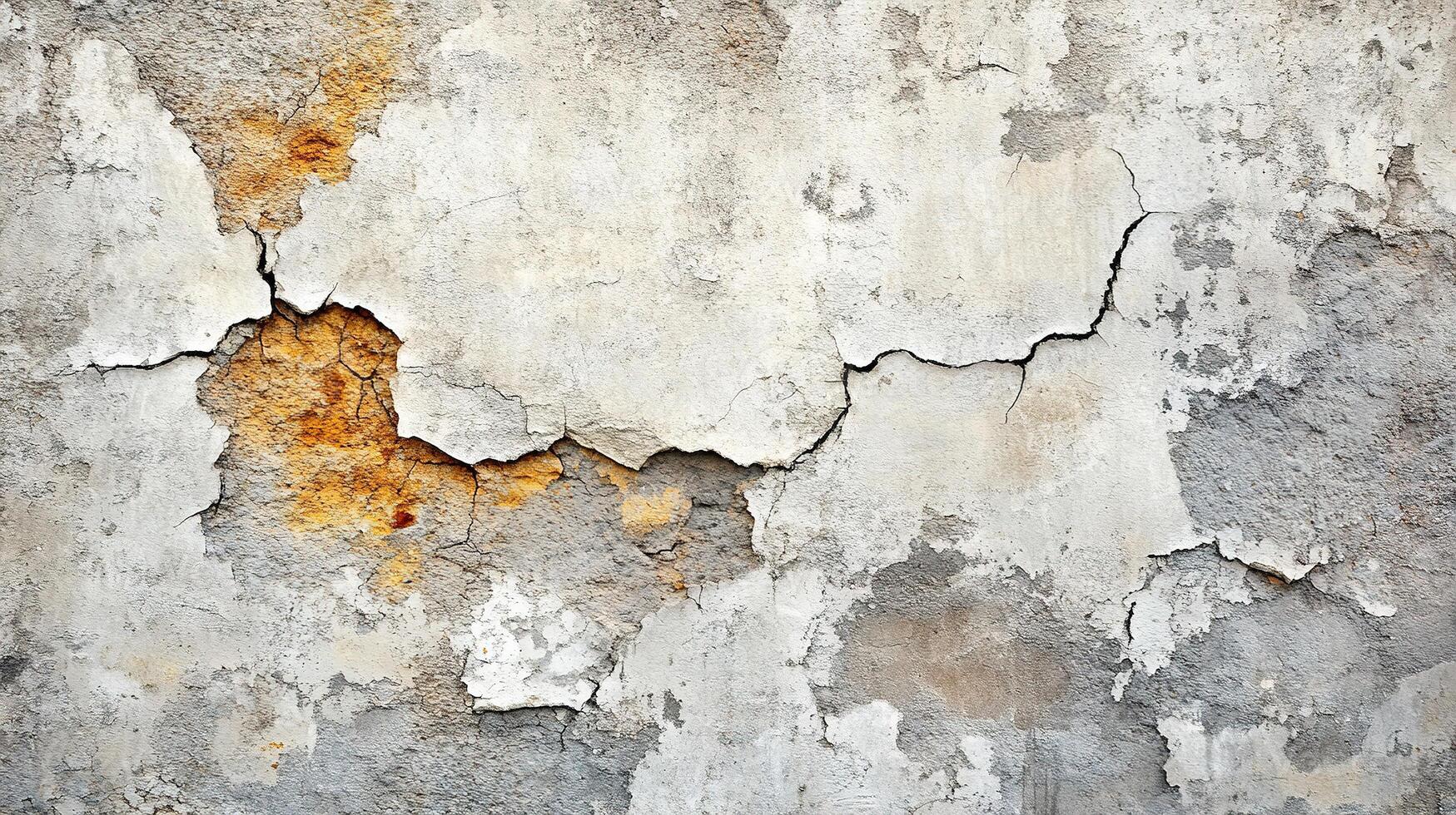 Crumbling Plaster Wall with Deep Cracks and Weathered Texture in Gray and Rust Colors. Urban Decay Grunge Background photo