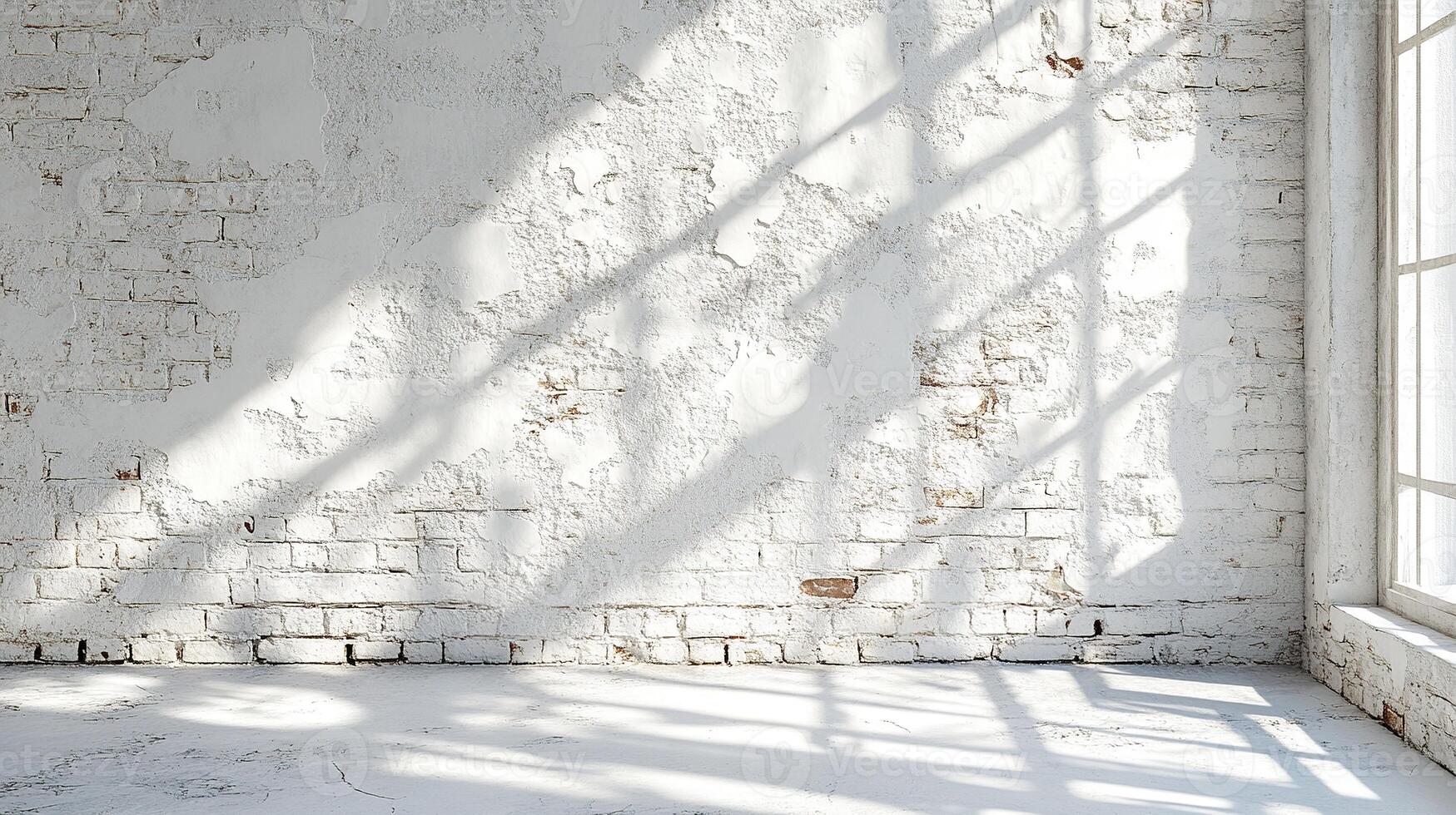 Minimalist White Brick Interior with Sunlight Streaming Through Window Creating Geometric Shadow Patterns on Textured Wall photo