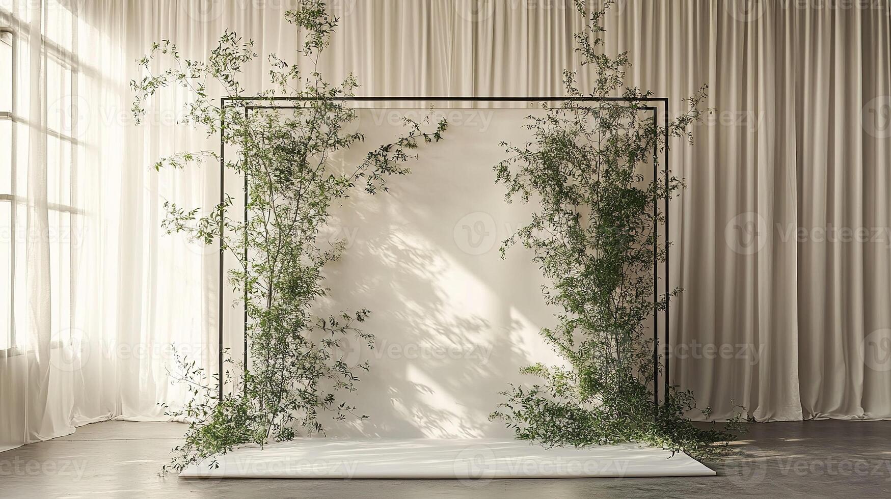 Modern Minimalist Wedding Backdrop with Metal Frame and Cascading Green Vines in Soft Natural Light photo