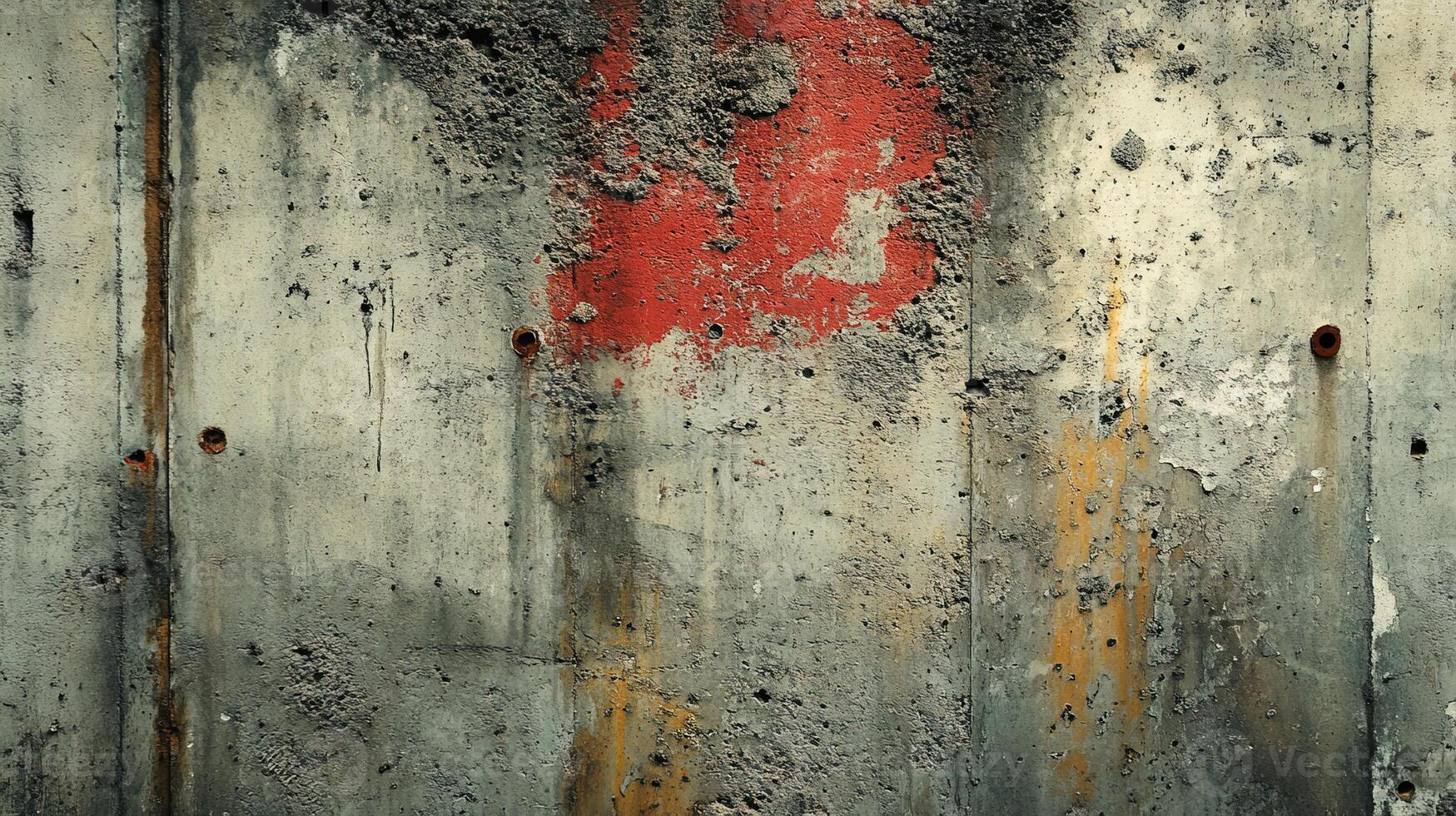 Industrial Concrete Wall with Vibrant Red Paint Splash and Rusty Streaks Creating Abstract Textural Background for Urban and Grunge Design Concepts photo