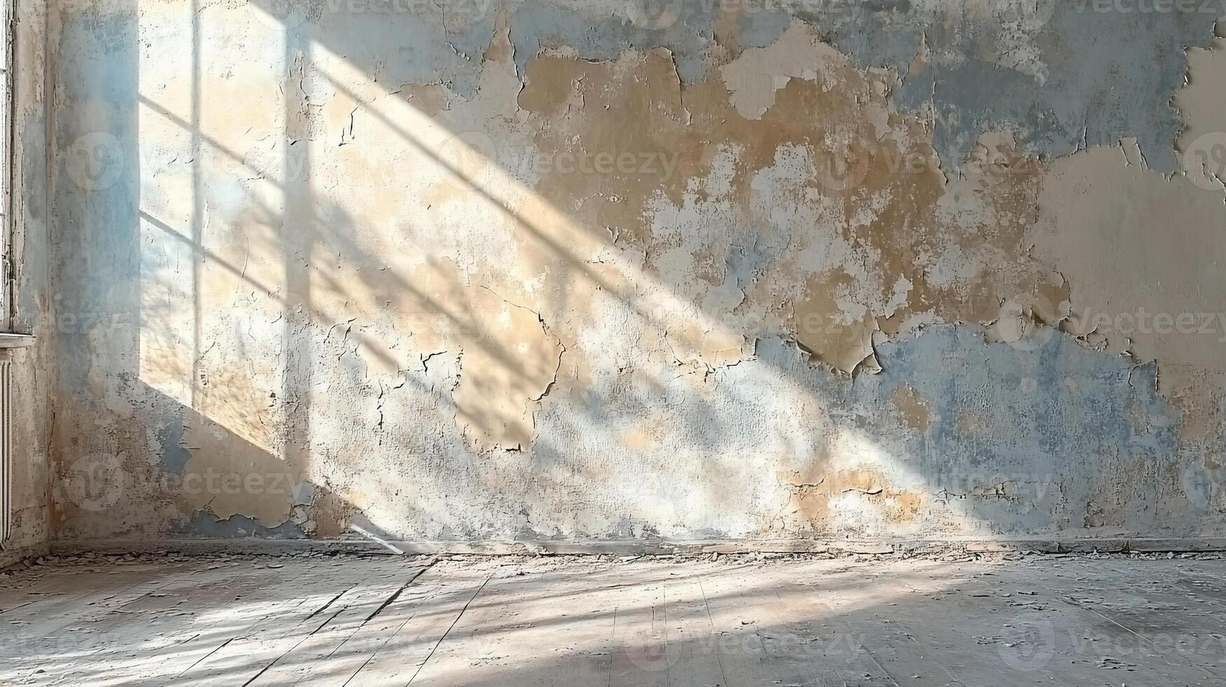 Sunlight Casting Shadows on a Weathered Wall with Peeling Paint and Cracked Plaster in an Abandoned Room photo