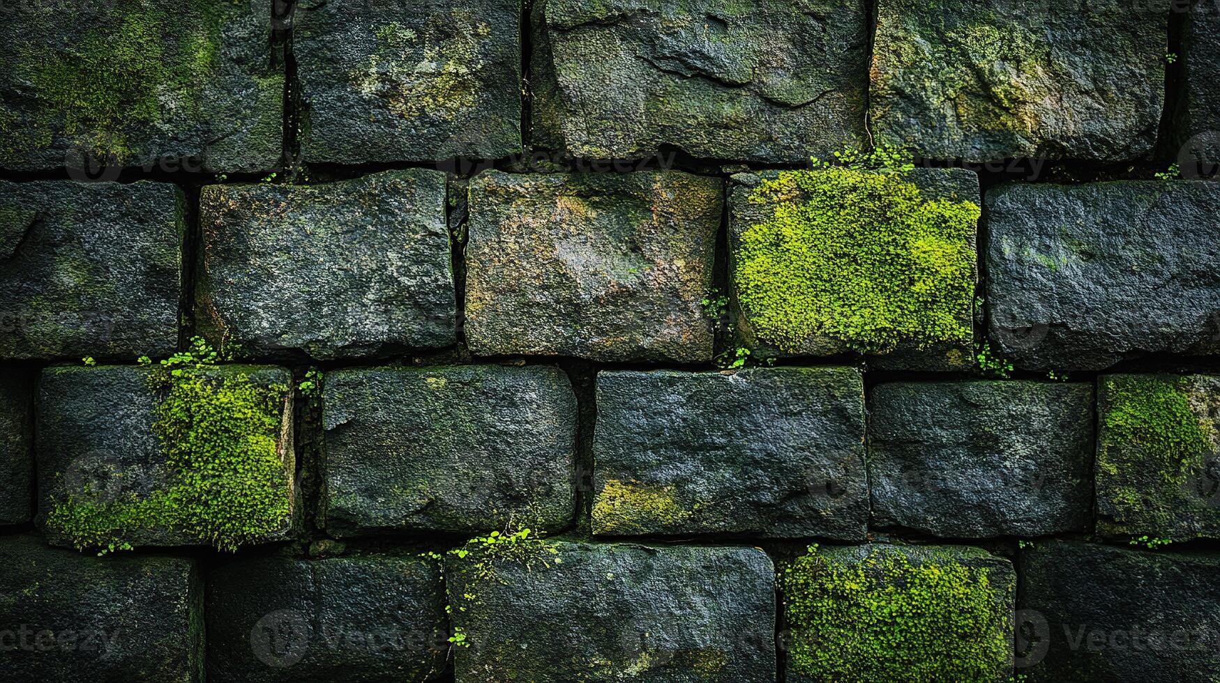 Weathered Medieval Stone Masonry with Bright Emerald Moss Patches Highlighting Architectural Details and Nature's Reclamation Process photo