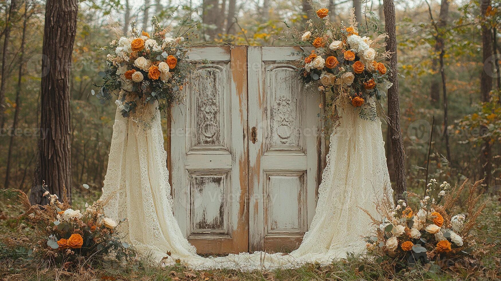 Enchanted Forest Wedding Backdrop with Vintage Distressed Double Doors, Orange and Cream Rose Arrangements, and Flowing Lace Drapery in Misty Autumn Woodland Setting photo
