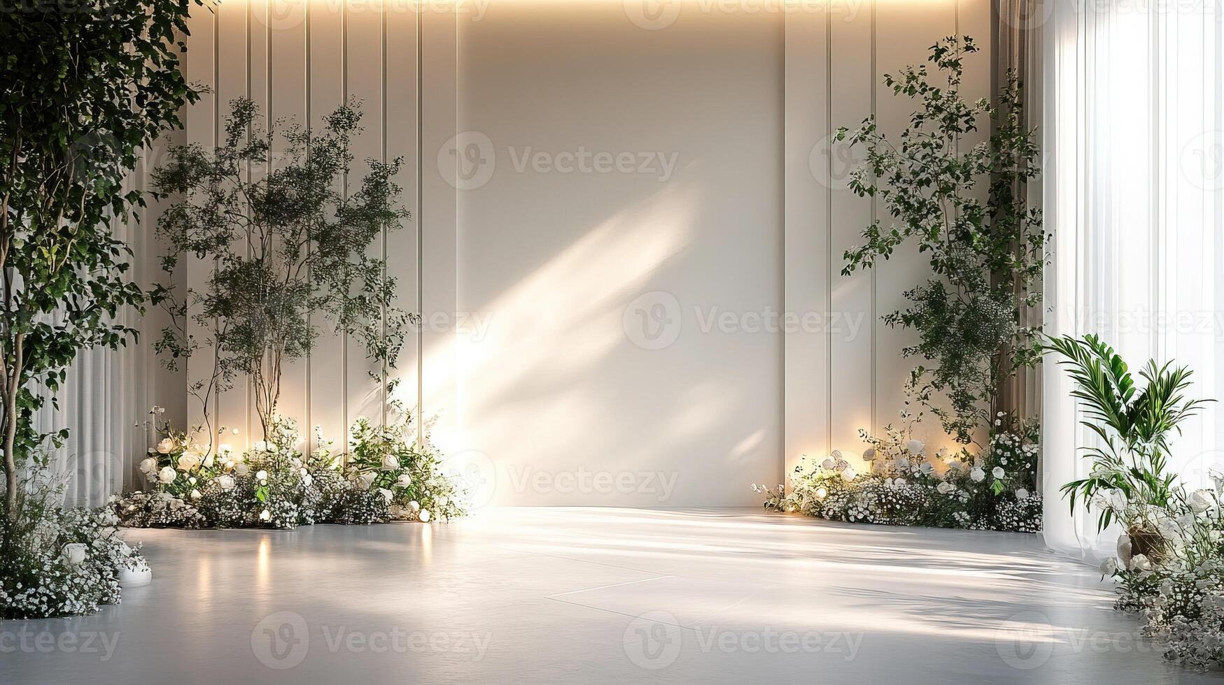 Minimalist Modern Wedding Backdrop with Elegant White Floral Arrangements and Soft Natural Lighting in a Bright Indoor Venue photo