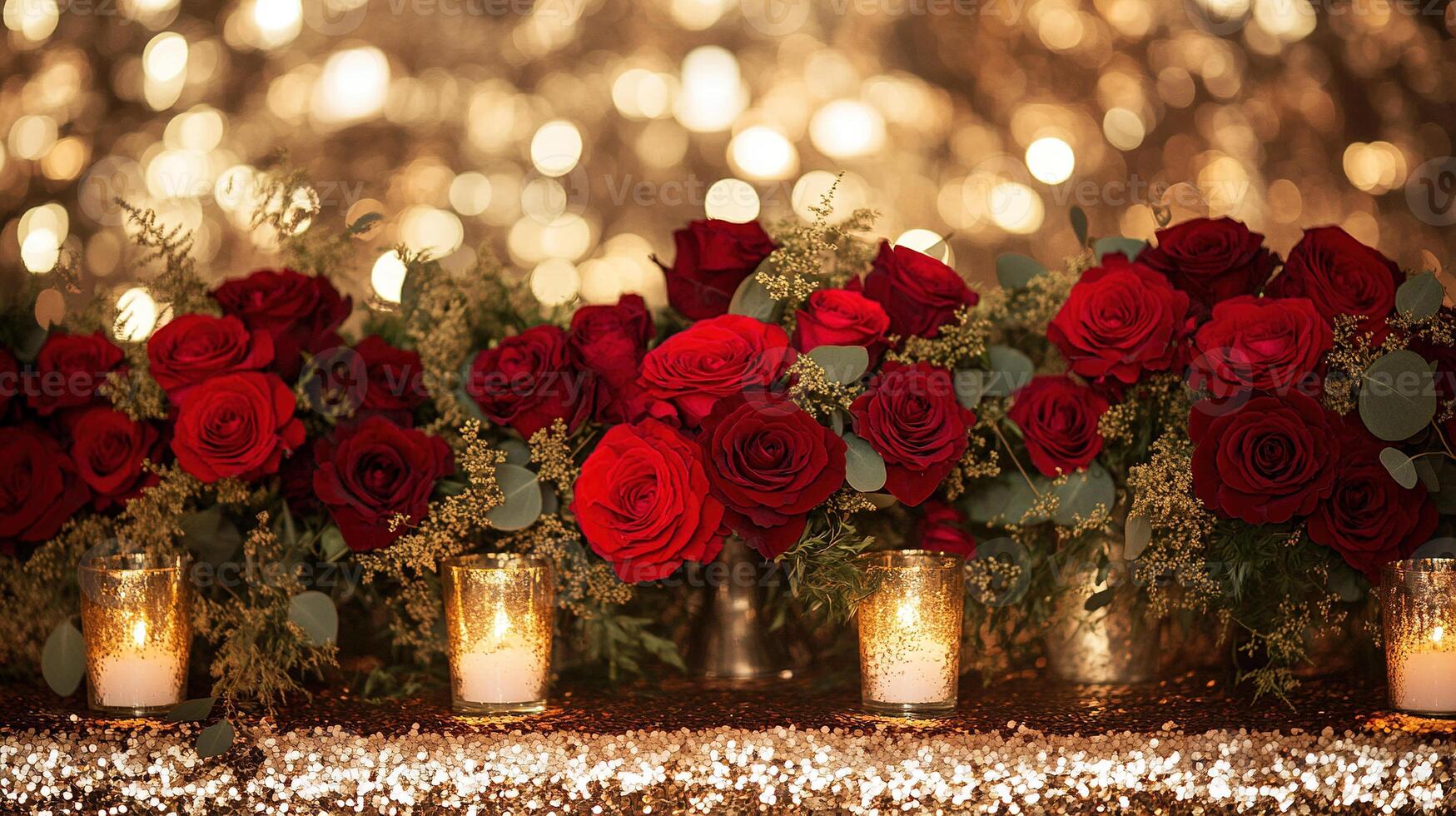 Romantic Table Centerpiece with Red Roses, Gold Sequin Tablecloth, and Candlelight Against Sparkling Bokeh Background photo