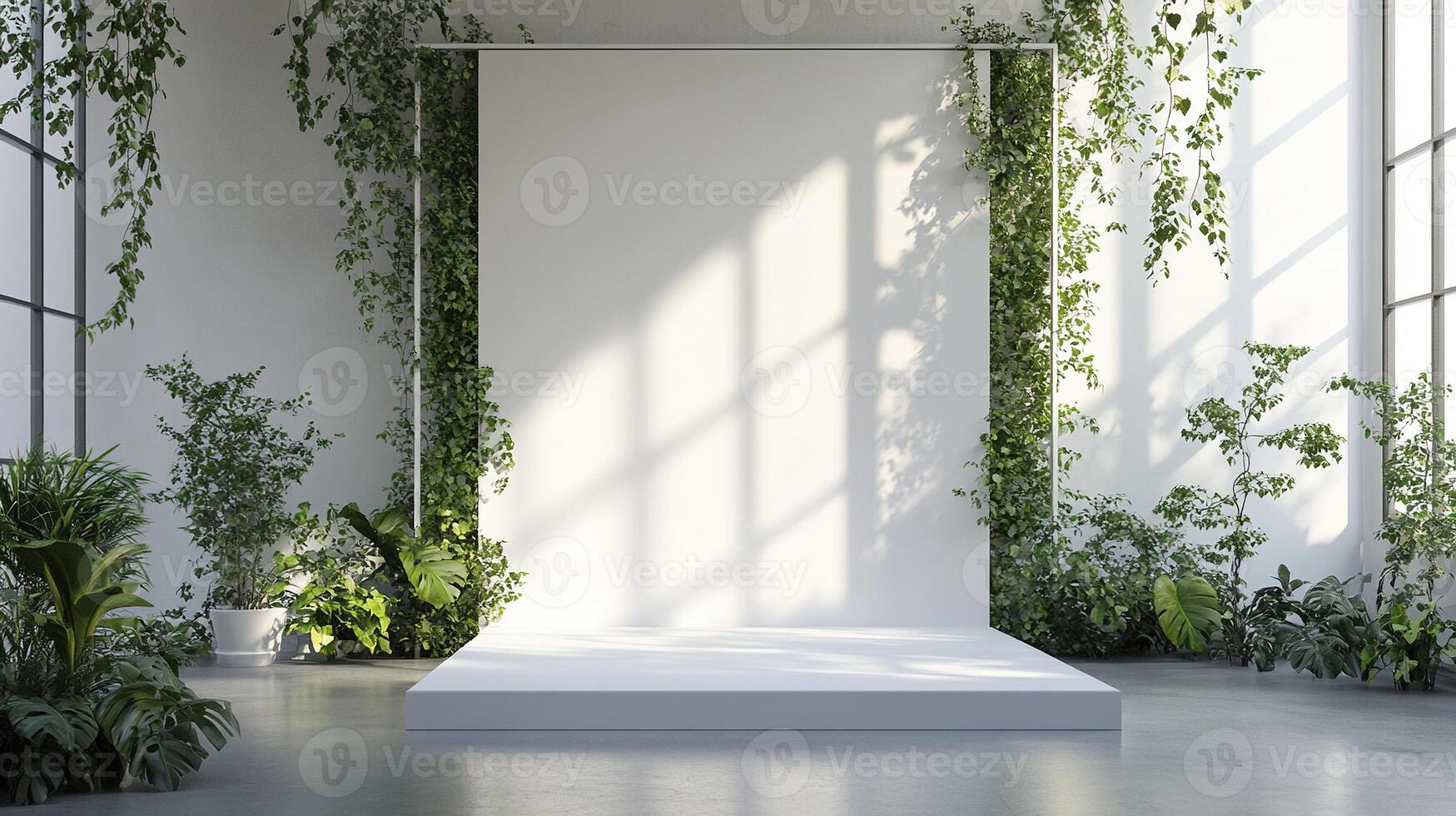 Modern Minimalist Photo Backdrop with Elevated White Platform Surrounded by Lush Indoor Greenery and Natural Light
