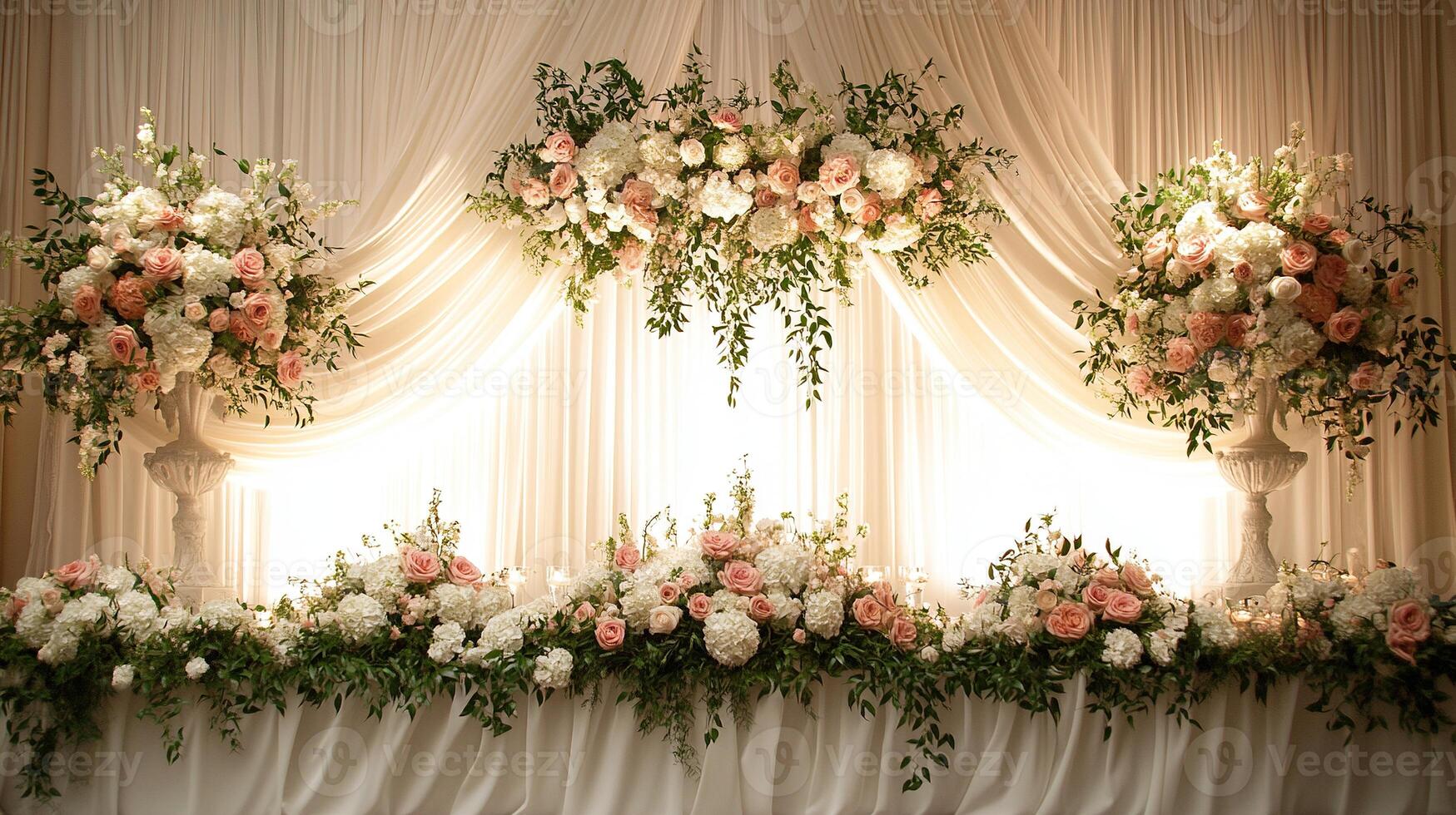 Sophisticated Bridal Table Setting with Cascading Greenery, Blush Pink Roses and White Hydrangeas Against Illuminated Ivory Fabric Backdrop photo