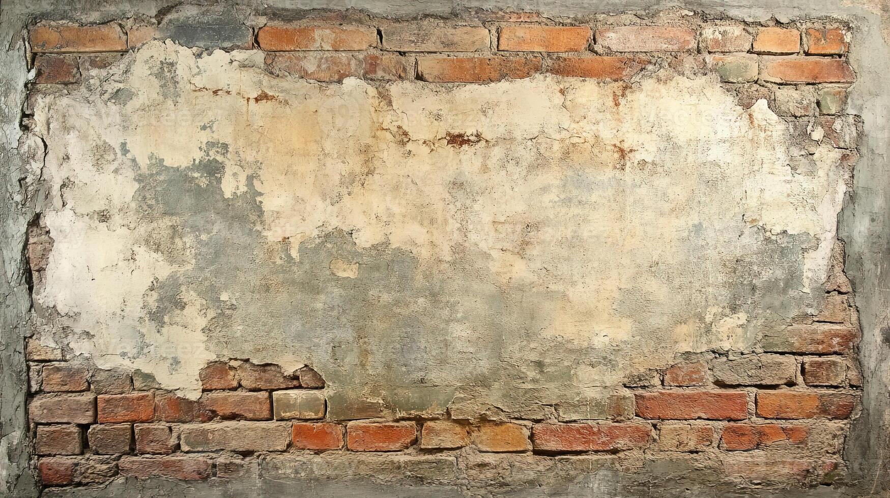 Aged and Rustic Wall Texture with Peeling Layers of Paint, Rough Plaster, and Broken Brick Surface photo