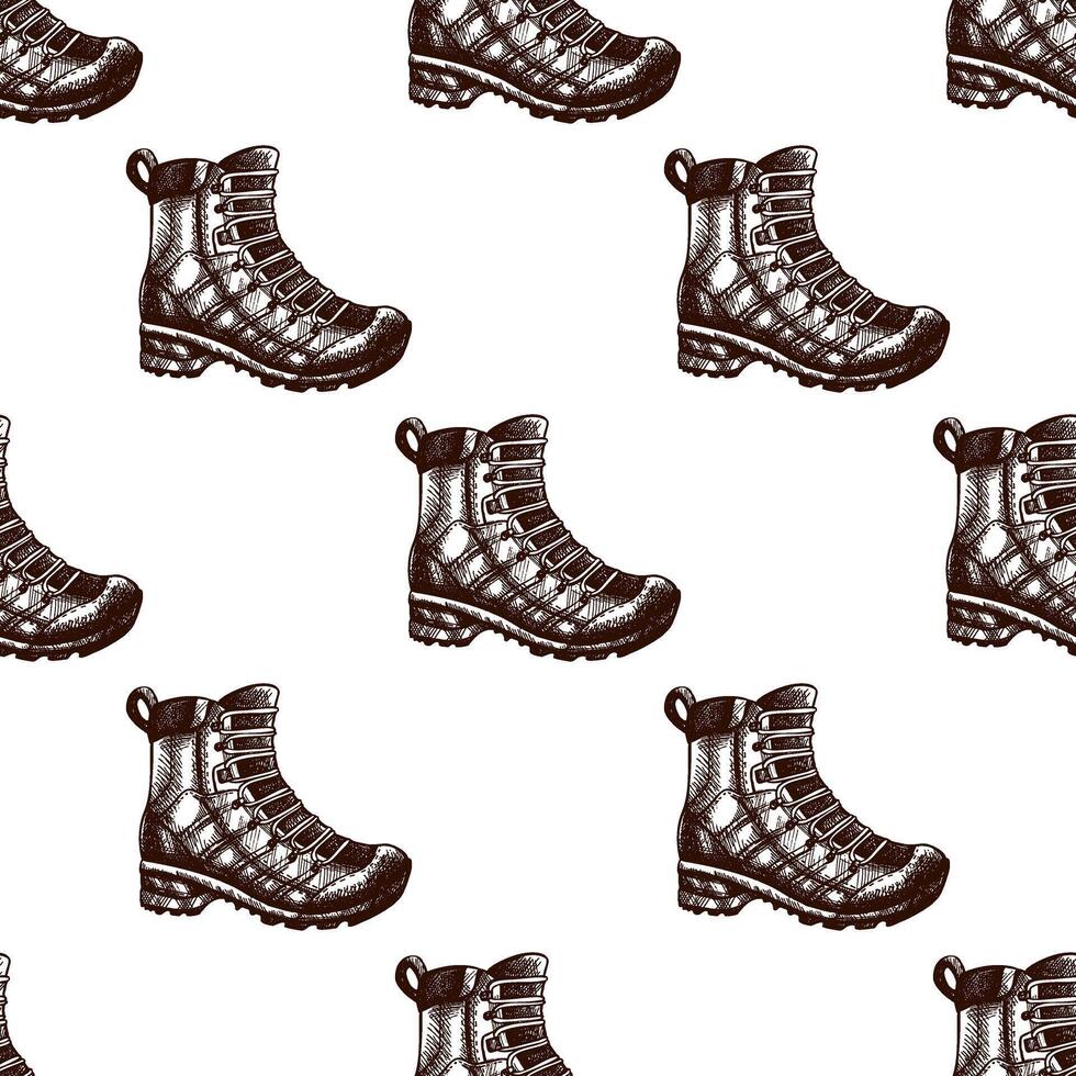 Vintage sketch seamless pattern with hand drawn hiking boots vector