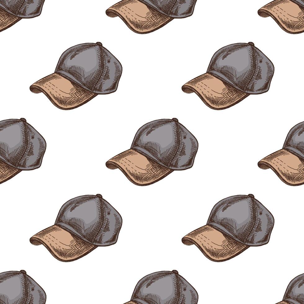Hand-drawn vintage colored seamless pattern with vintage baseball caps in sketch style vector
