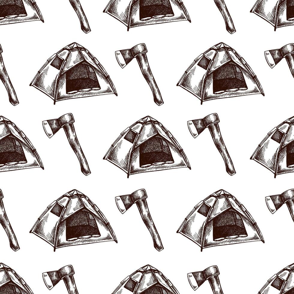 Seamless pattern with hand drawn camping tents and axes in vintage sketch style vector
