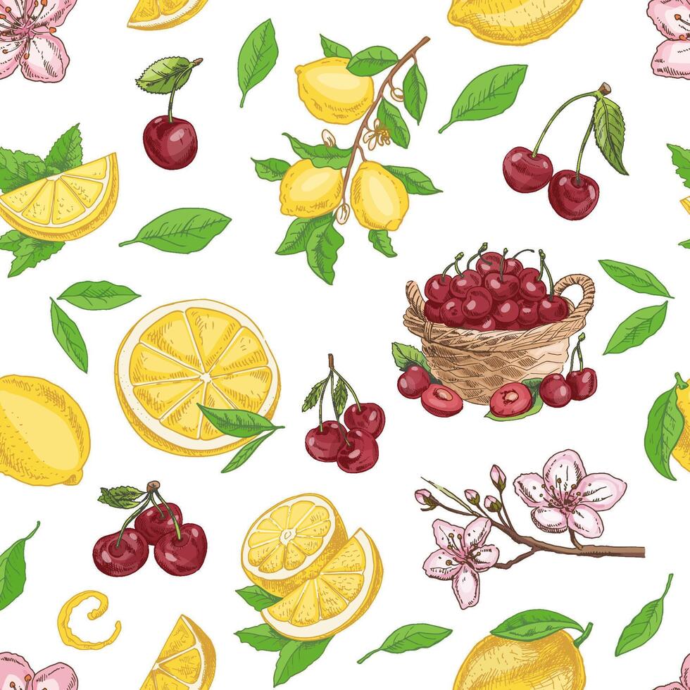 Hand-drawn seamless pattern with vintage cherry, lemon and blossom flowers in sketch style, colorful illustration vector