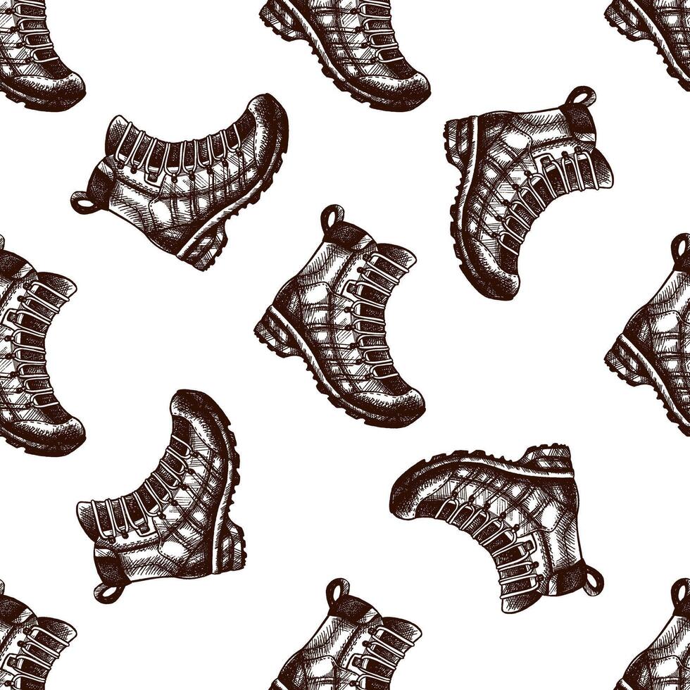 Seamless vintage pattern of hiking boots in hand drawn engraved style vector