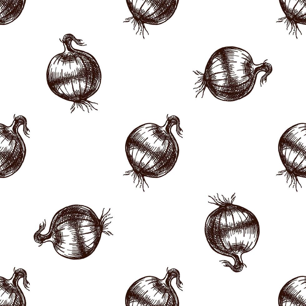 Seamless pattern with onion bulbs in vintage hand drawn sketch style, brown ink vector