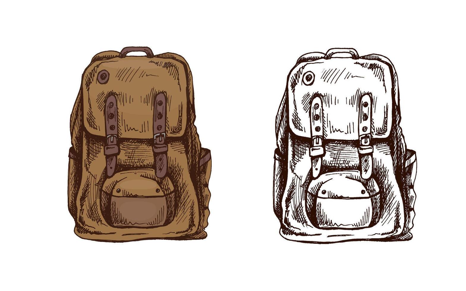 Hand drawn colored and black vintage sketch of a travel backpack with straps and pockets vector