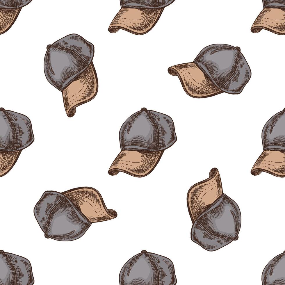 Hand drawn colored seamless pattern with vintage baseball caps in sketch style vector