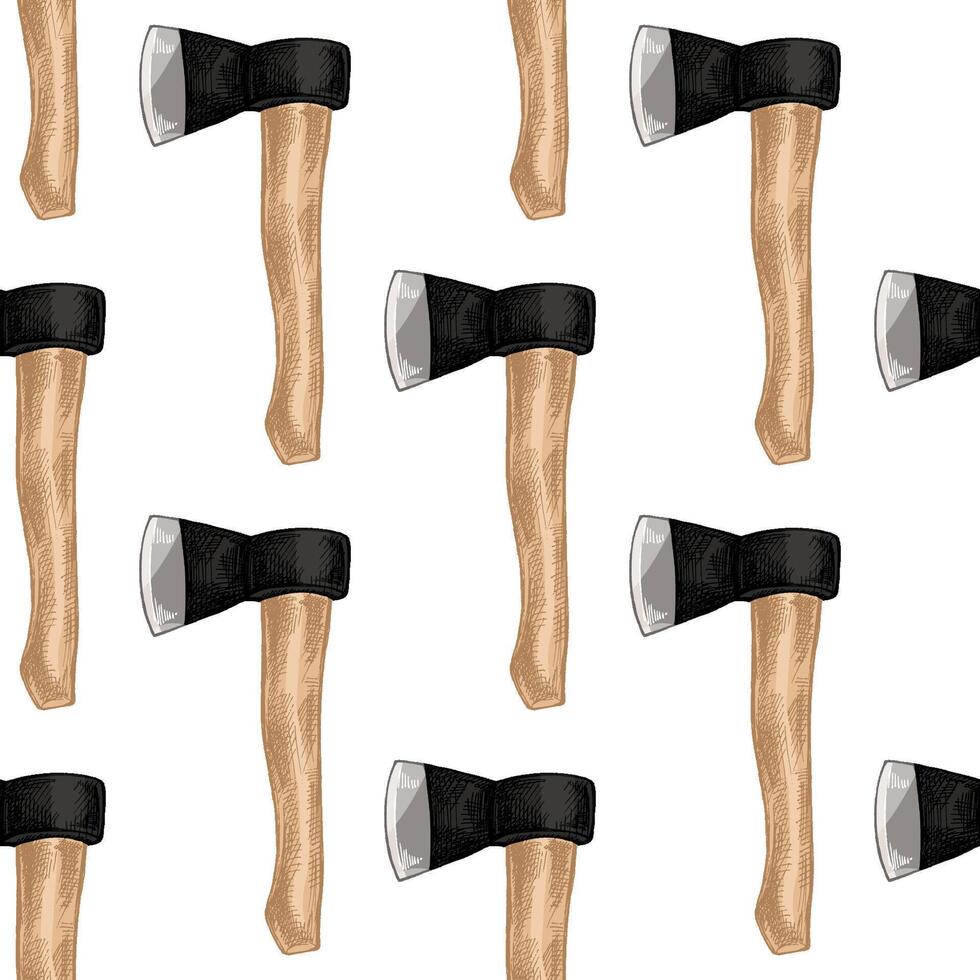Hand drawn colored seamless pattern with sketch of camping axe or hatchet vector