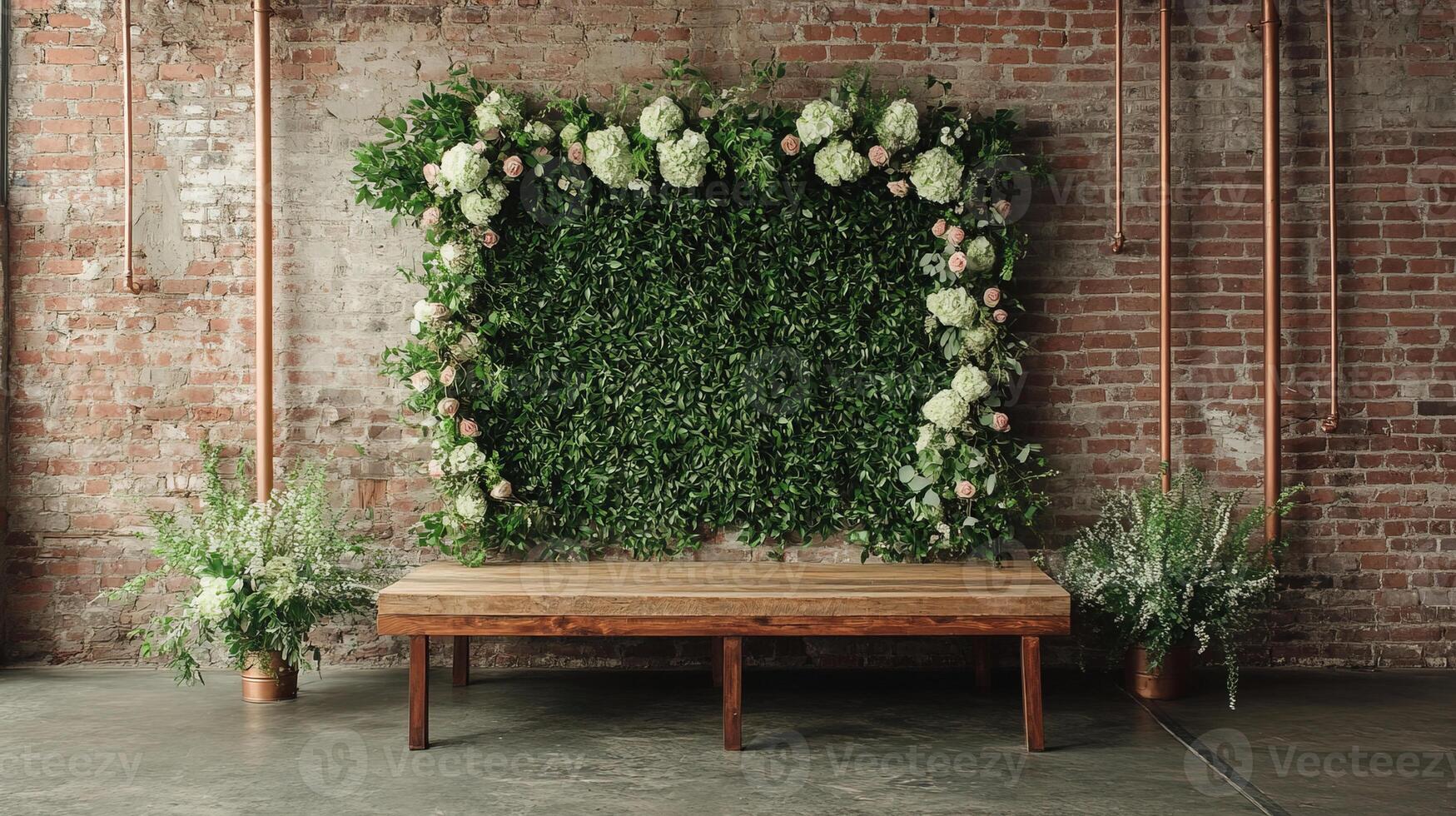 Elegant Rustic Wedding Backdrop with Luxurious Green Leaf Wall Installation Adorned with White Hydrangeas and Blush Roses Against Industrial Brick Wall with Wooden Bench photo