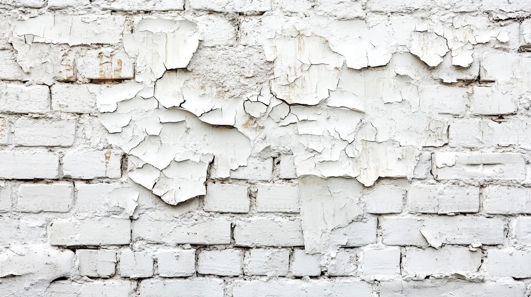 Cracked and Flaking Whitewashed Brick Wall Surface with Exposed Rough Texture and Age Marks photo