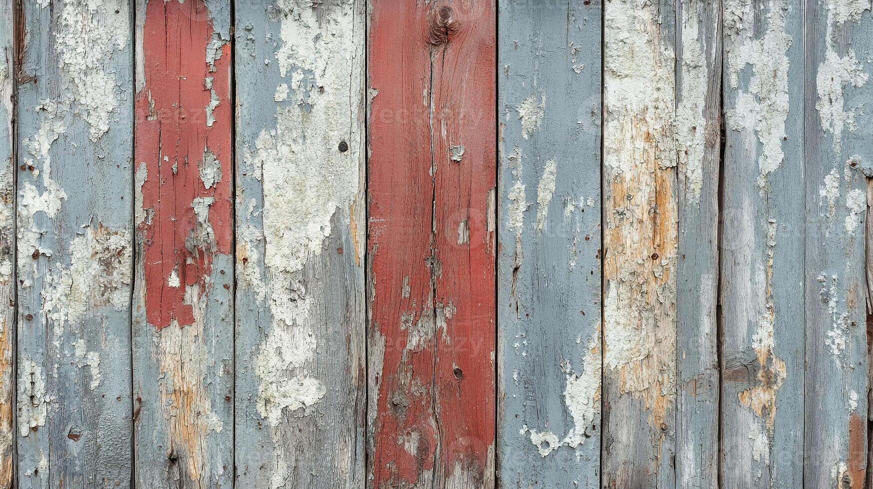 Weathered Vertical Wood Siding with Deteriorating Tricolor Paint Pattern Featuring Rustic Blue, Red, and White Flaking Surface photo