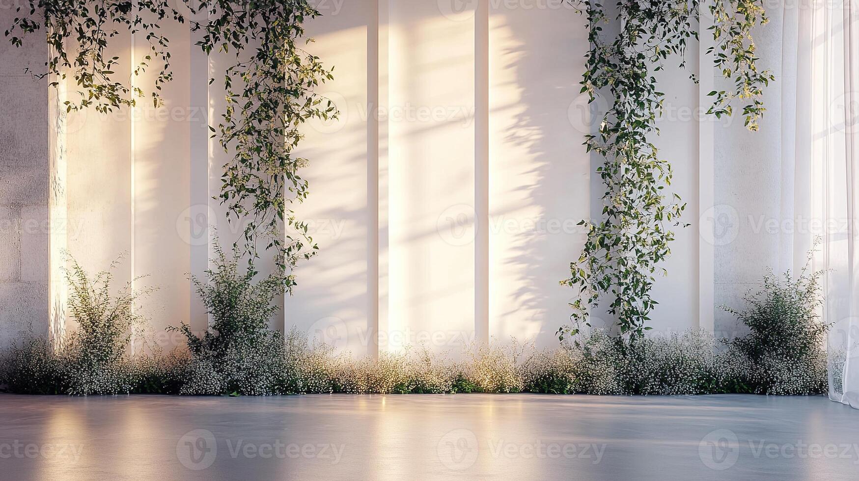 Modern Minimalist Event Backdrop with White Paneled Wall, Cascading Ivy Greenery, Atmospheric Base Lighting and Baby's Breath Floor Installation for Contemporary Wedding and Photography Settings photo
