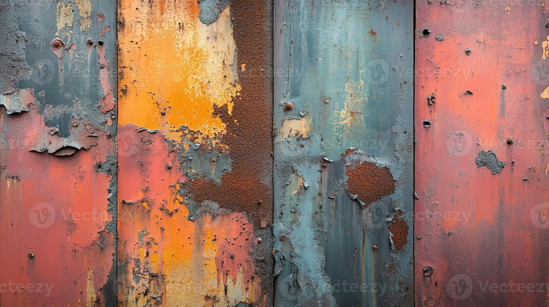 Distressed Industrial Metal Wall Texture with Rusted Patches and Peeling Multicolored Paint photo