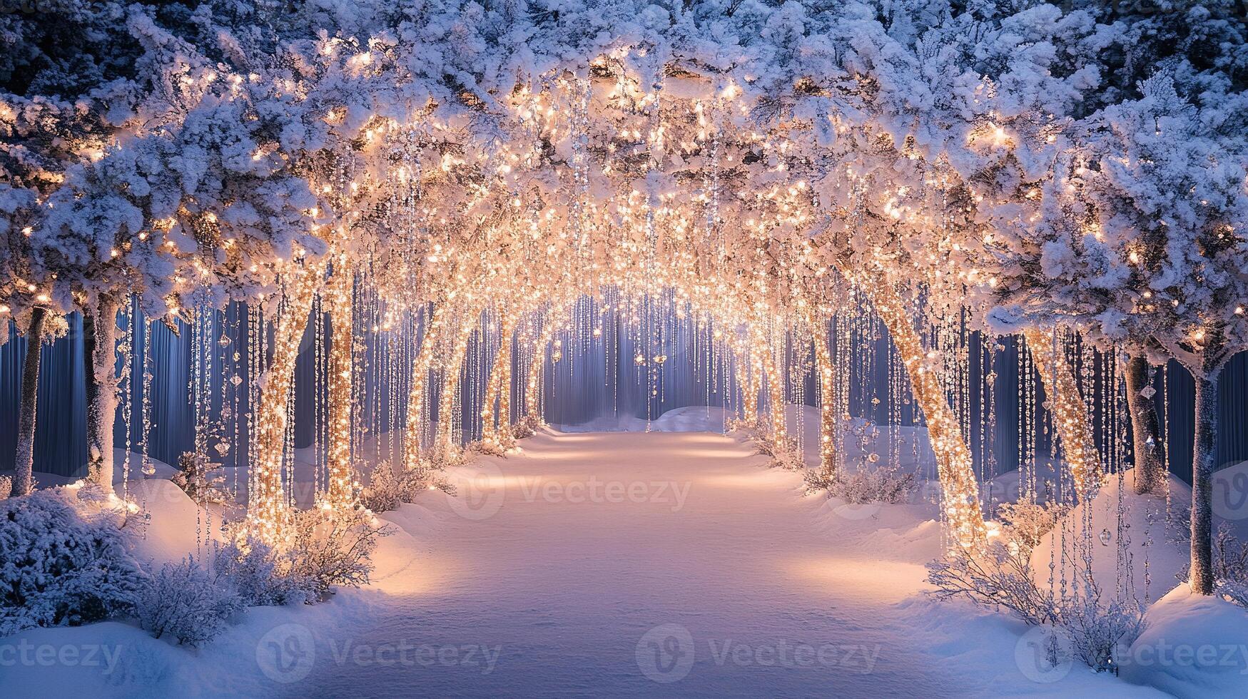 Magical Winter Wonderland Tunnel Decorated with Twinkling Fairy Lights and Snow-Covered Trees for Christmas or Wedding Backdrop photo