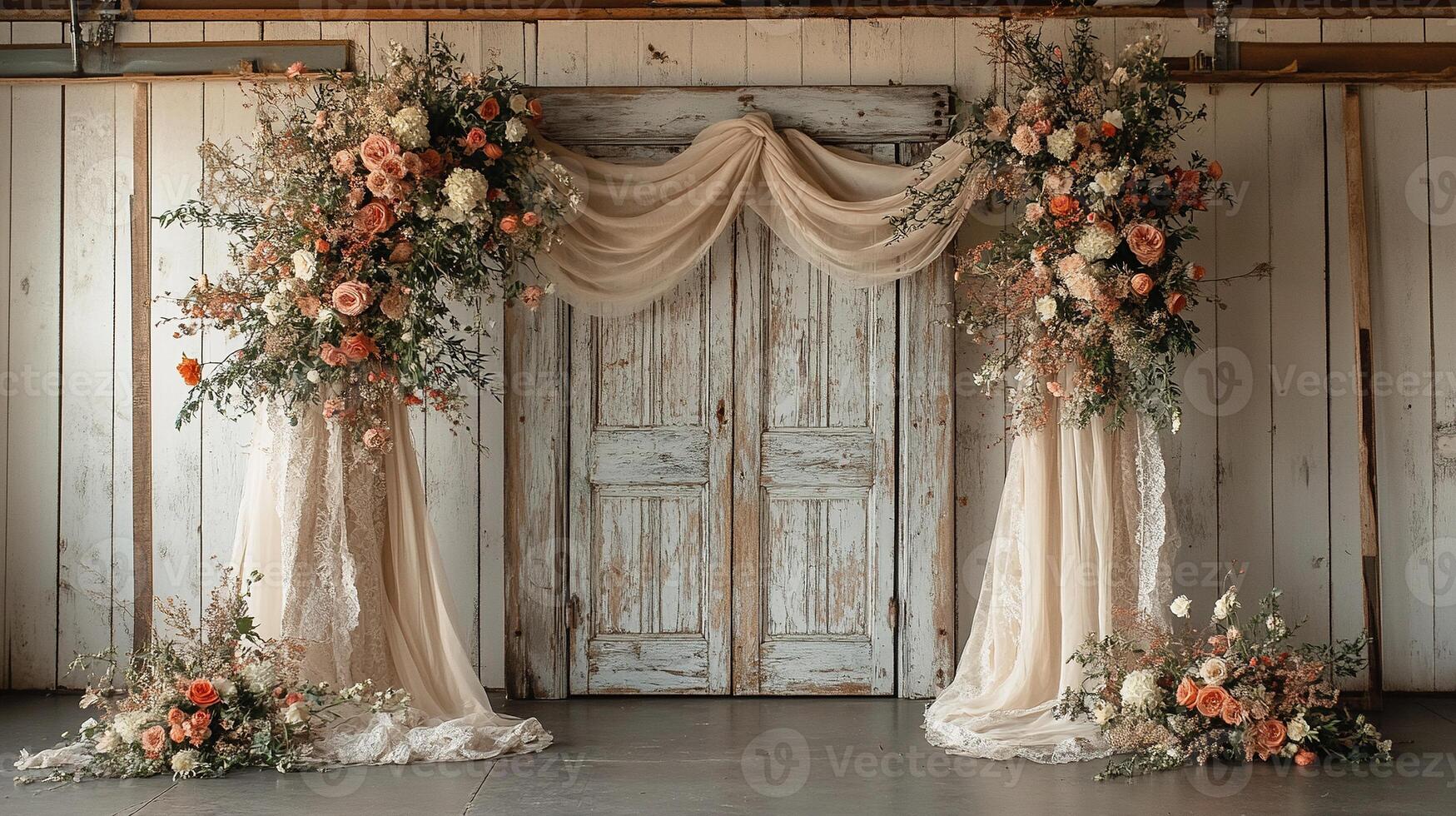 Elegant Rustic Wedding Ceremony Backdrop with Distressed White Double Doors, Luxurious Peach and Cream Floral Installations, and Flowing Champagne Drapery Against Farmhouse Interior Wall photo