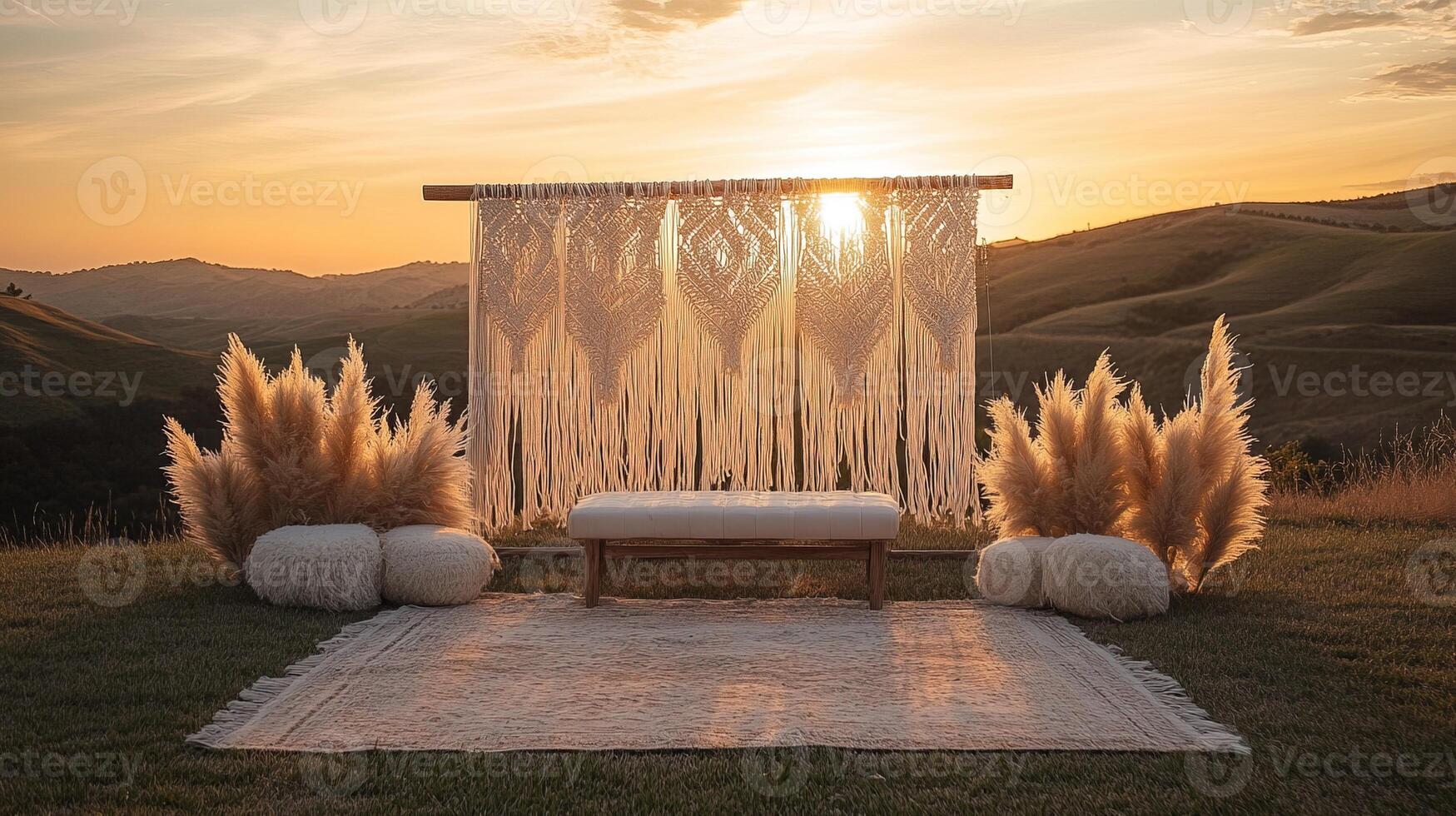 Rustic Outdoor Wedding Decor Featuring Handmade Macrame Tapestry, Pampas Grass Arrangements, and Cozy Seating with Mountain View at Golden Hour photo